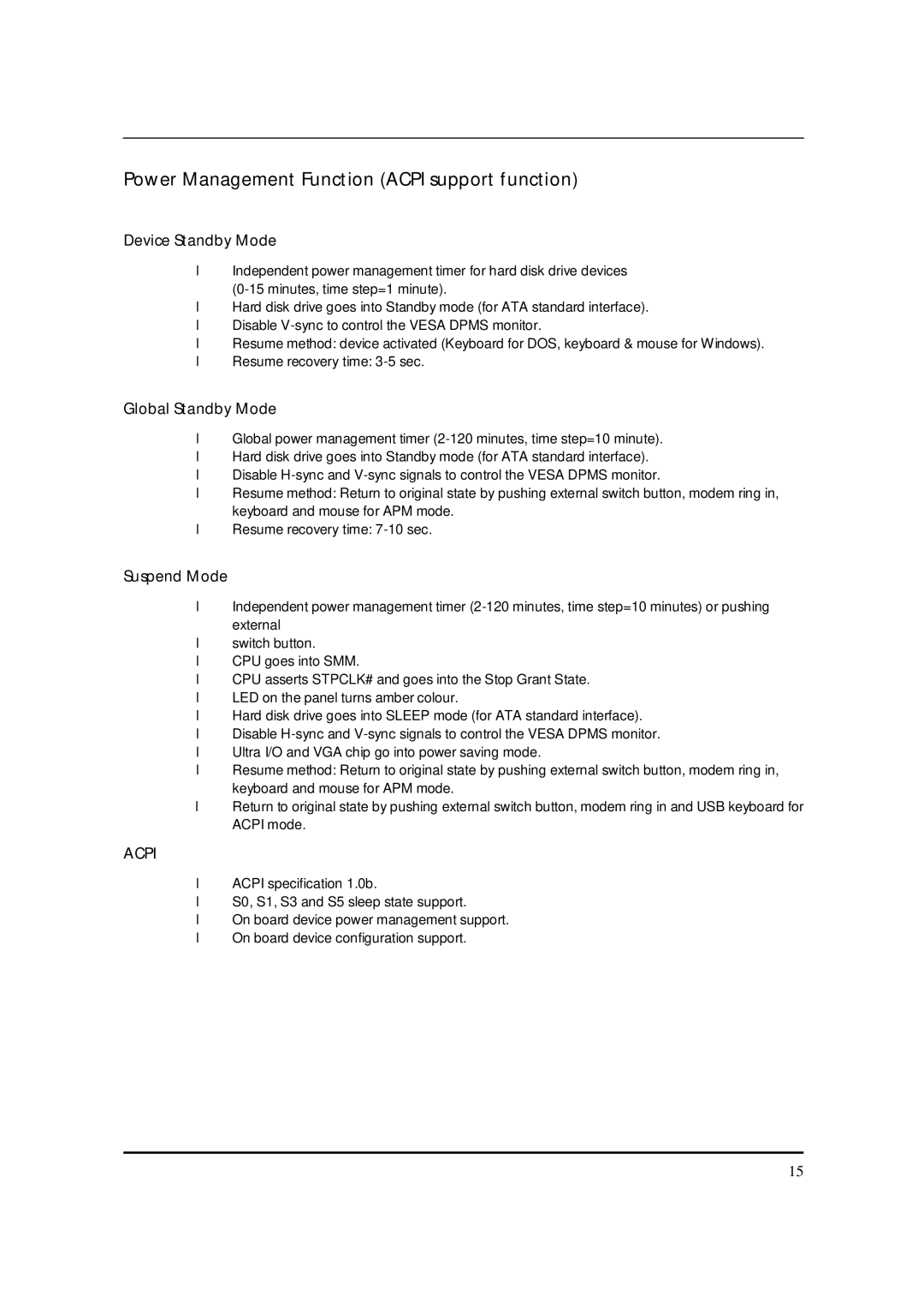 Packard Bell M5850 Power Management Function Acpi support function, Device Standby Mode, Global Standby Mode, Suspend Mode 