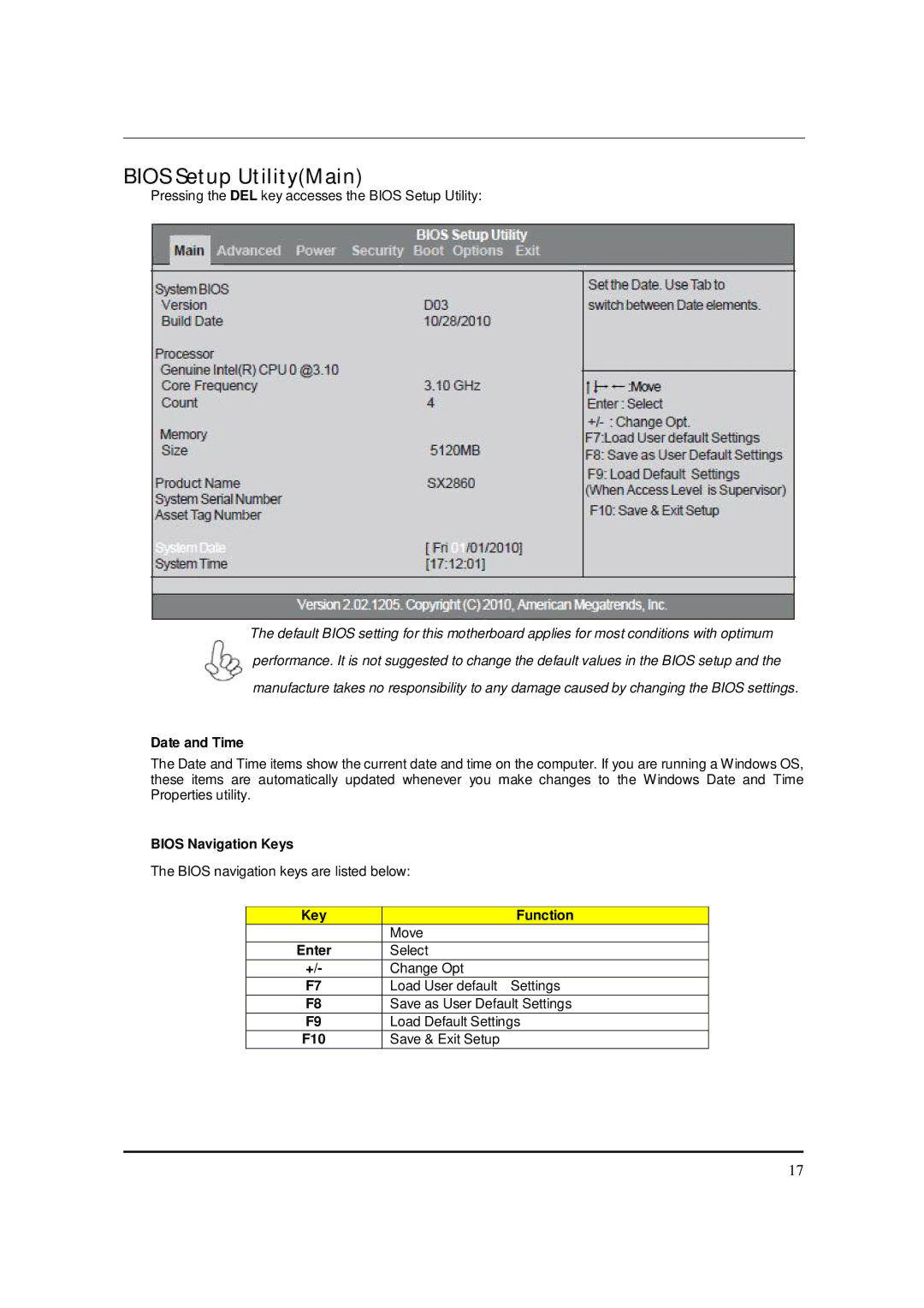 Packard Bell M5850 manual Bios Setup UtilityMain, Date and Time, Bios Navigation Keys 