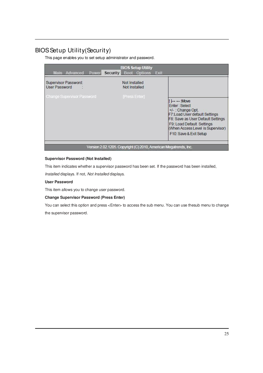 Packard Bell M5850 manual Bios Setup UtilitySecurity, Supervisor Password Not Installed, User Password 