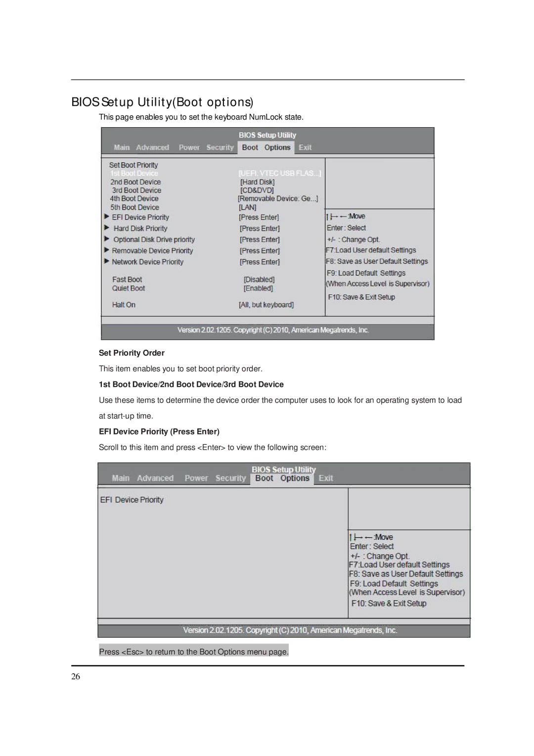 Packard Bell M5850 Bios Setup UtilityBoot options, Set Priority Order, 1st Boot Device/2nd Boot Device/3rd Boot Device 