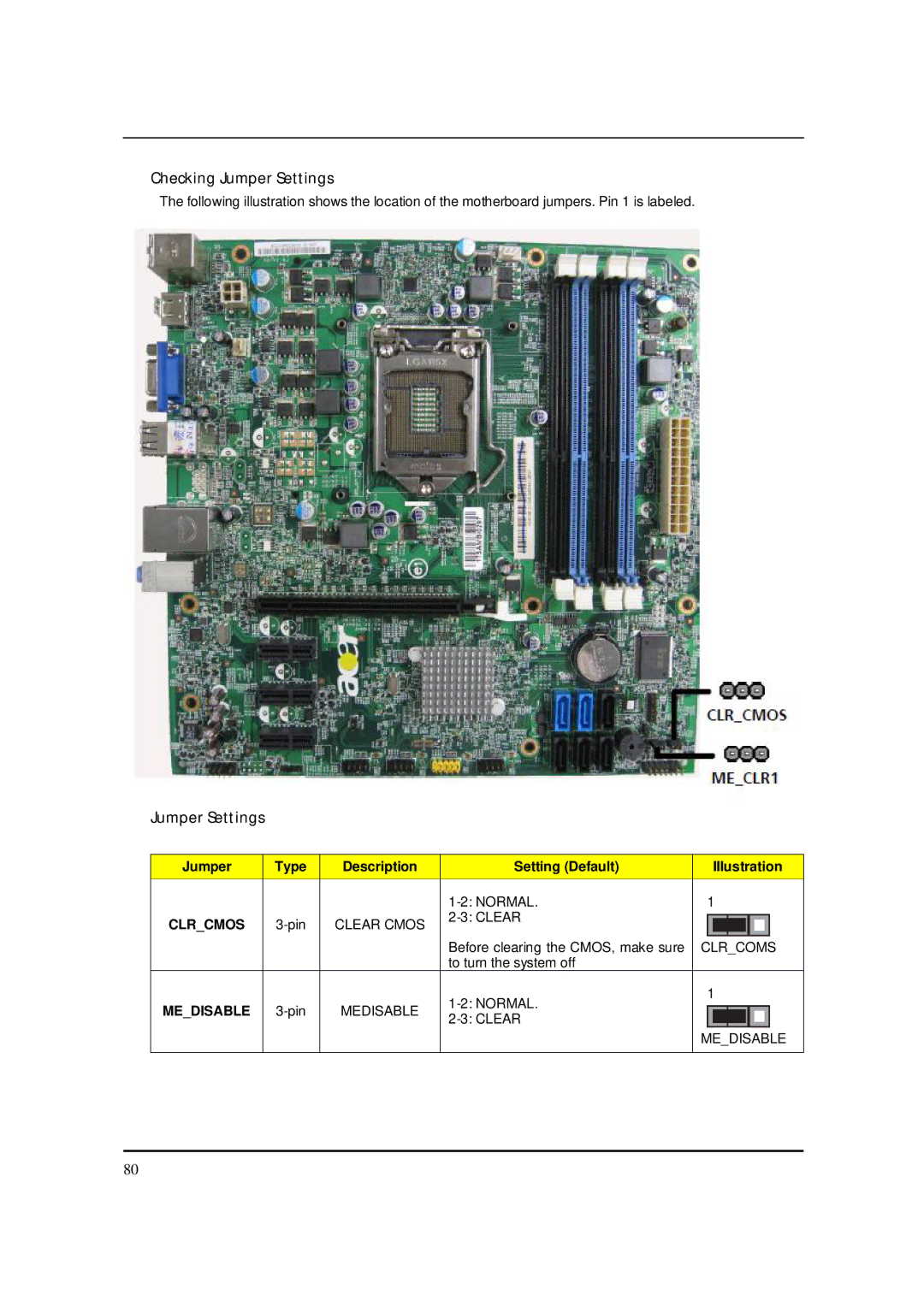 Packard Bell M5850 manual Checking Jumper Settings, Jumper Type Description Setting Default IIIustration 