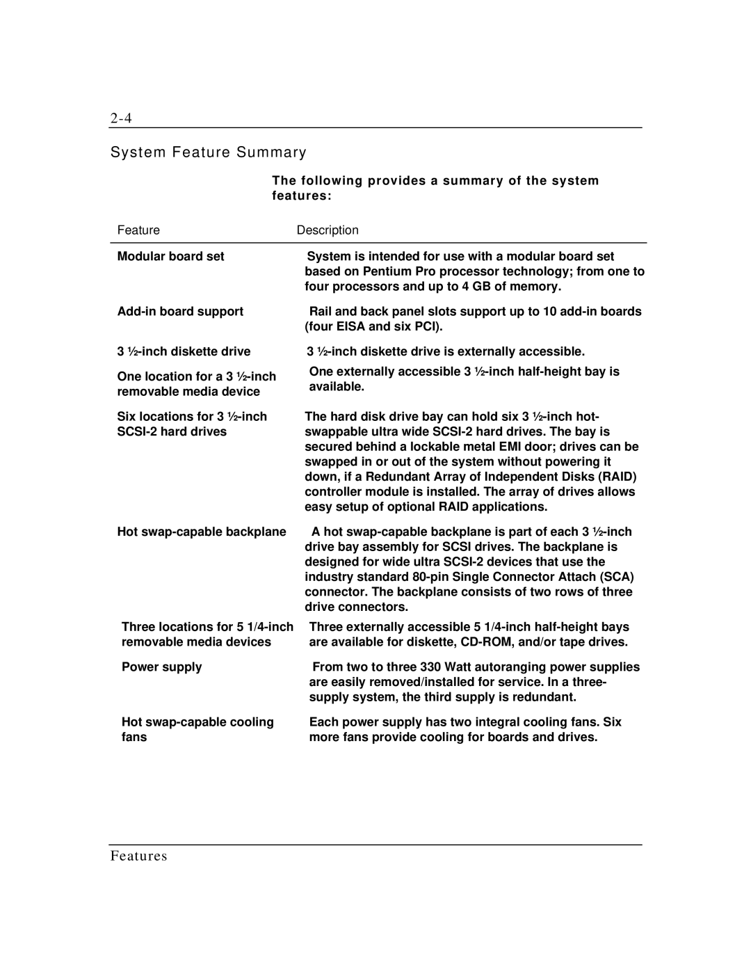 Packard Bell MH4000 manual System Feature Summary, Feature Description 