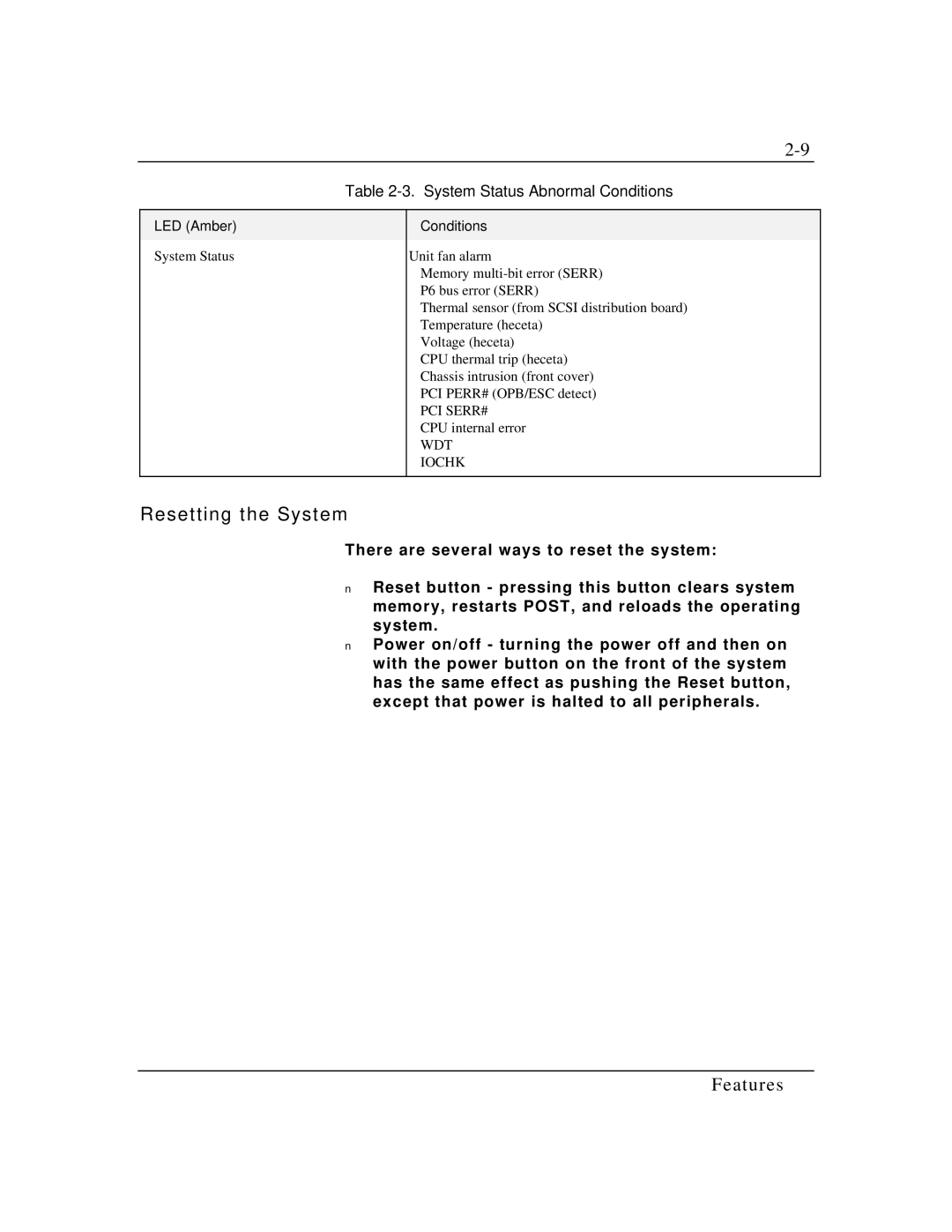 Packard Bell MH4000 manual Resetting the System, System Status Abnormal Conditions, LED Amber Conditions 