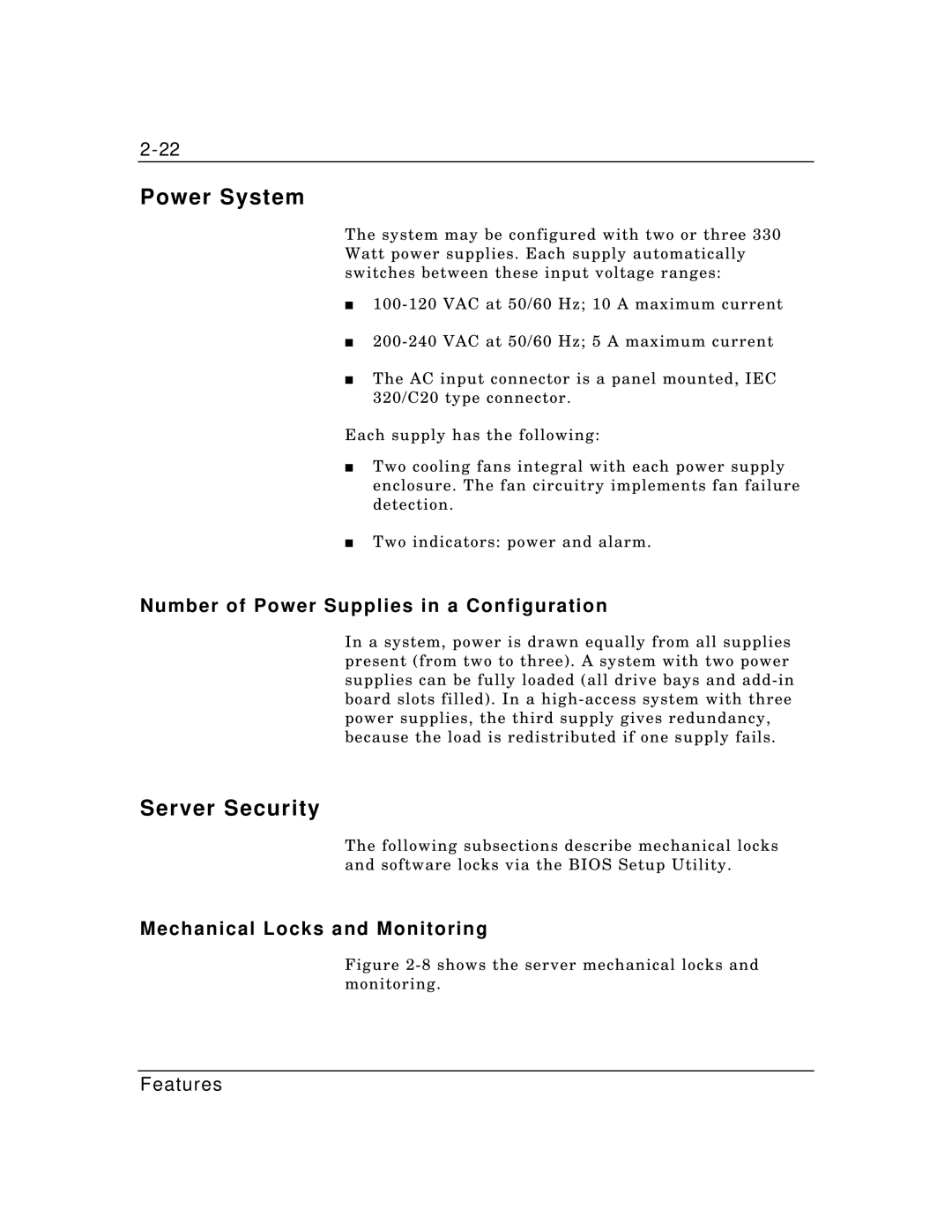 Packard Bell MH4000 manual Power System, Server Security, Number of Power Supplies in a Configuration 