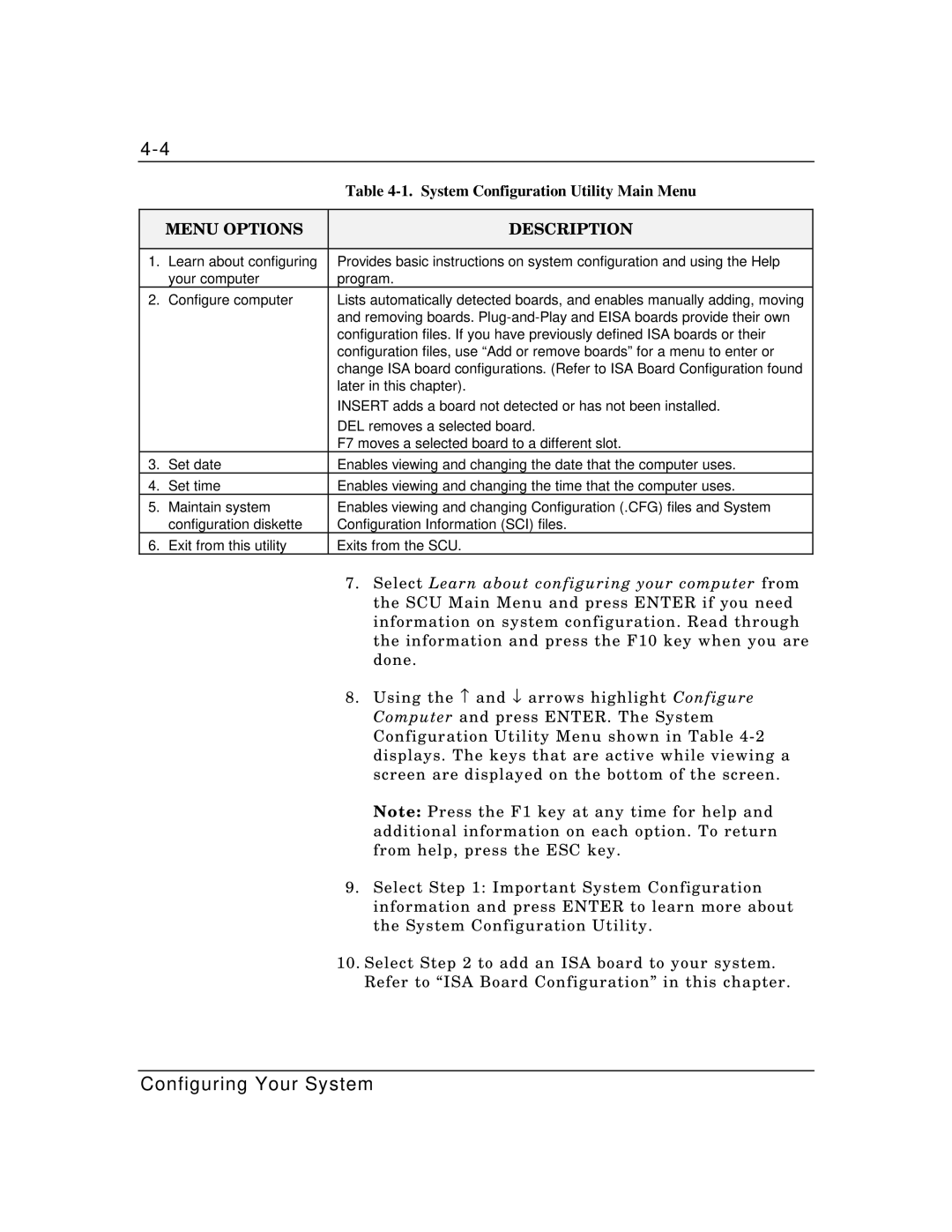 Packard Bell MH4000 manual System Configuration Utility Main Menu, Menu Options Description 