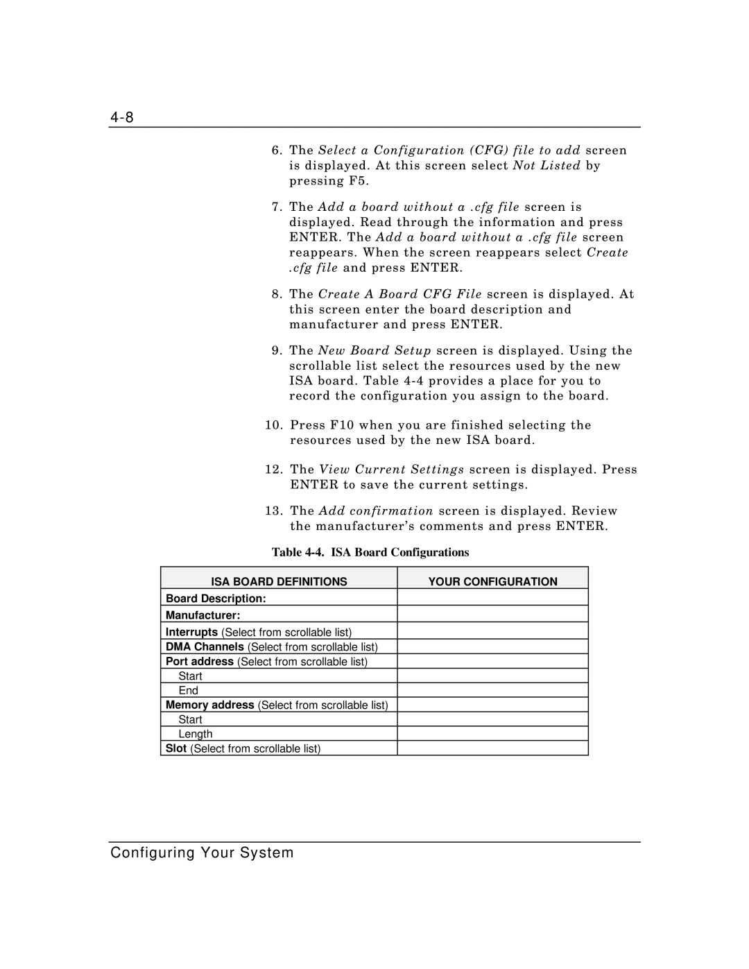 Packard Bell MH4000 manual ISA Board Configurations, ISA Board Definitions Your Configuration 