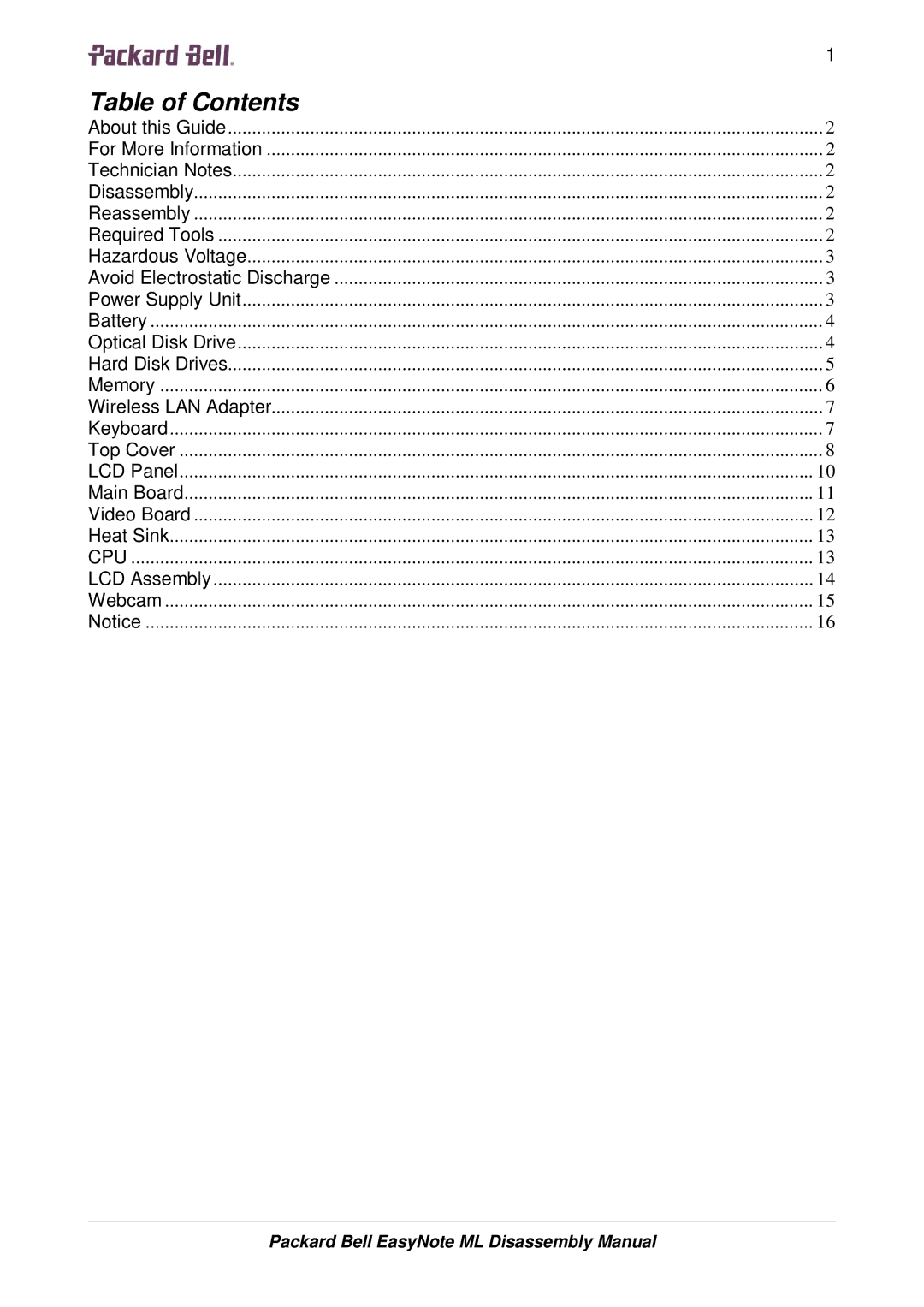 Packard Bell ML manual Table of Contents 