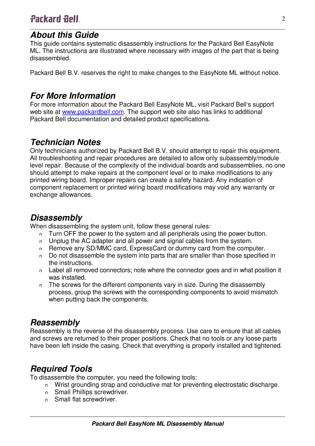 Packard Bell ML manual About this Guide, For More Information Technician Notes, Disassembly, Reassembly, Required Tools 