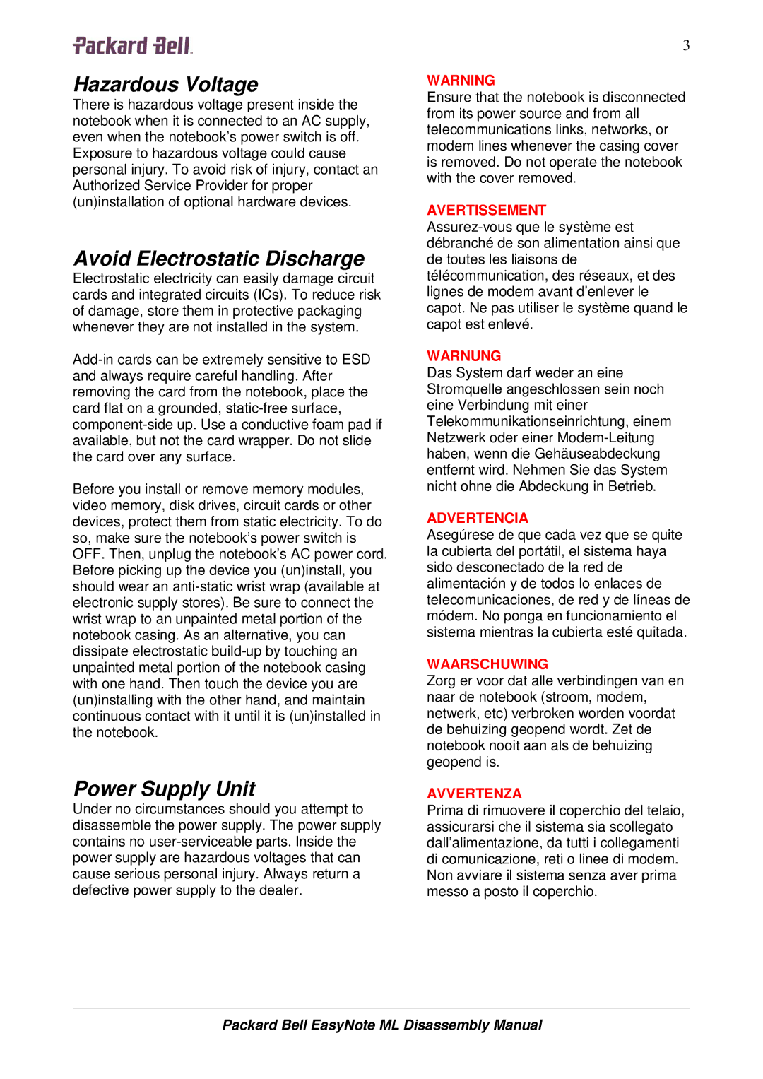 Packard Bell ML manual Hazardous Voltage, Avoid Electrostatic Discharge, Power Supply Unit 