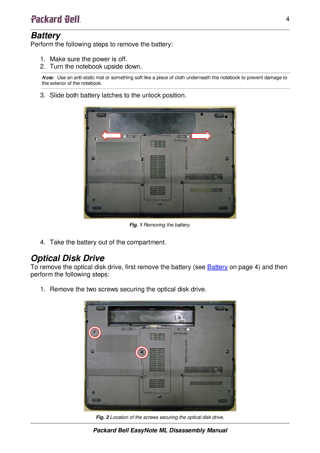 Packard Bell ML manual Battery, Optical Disk Drive 