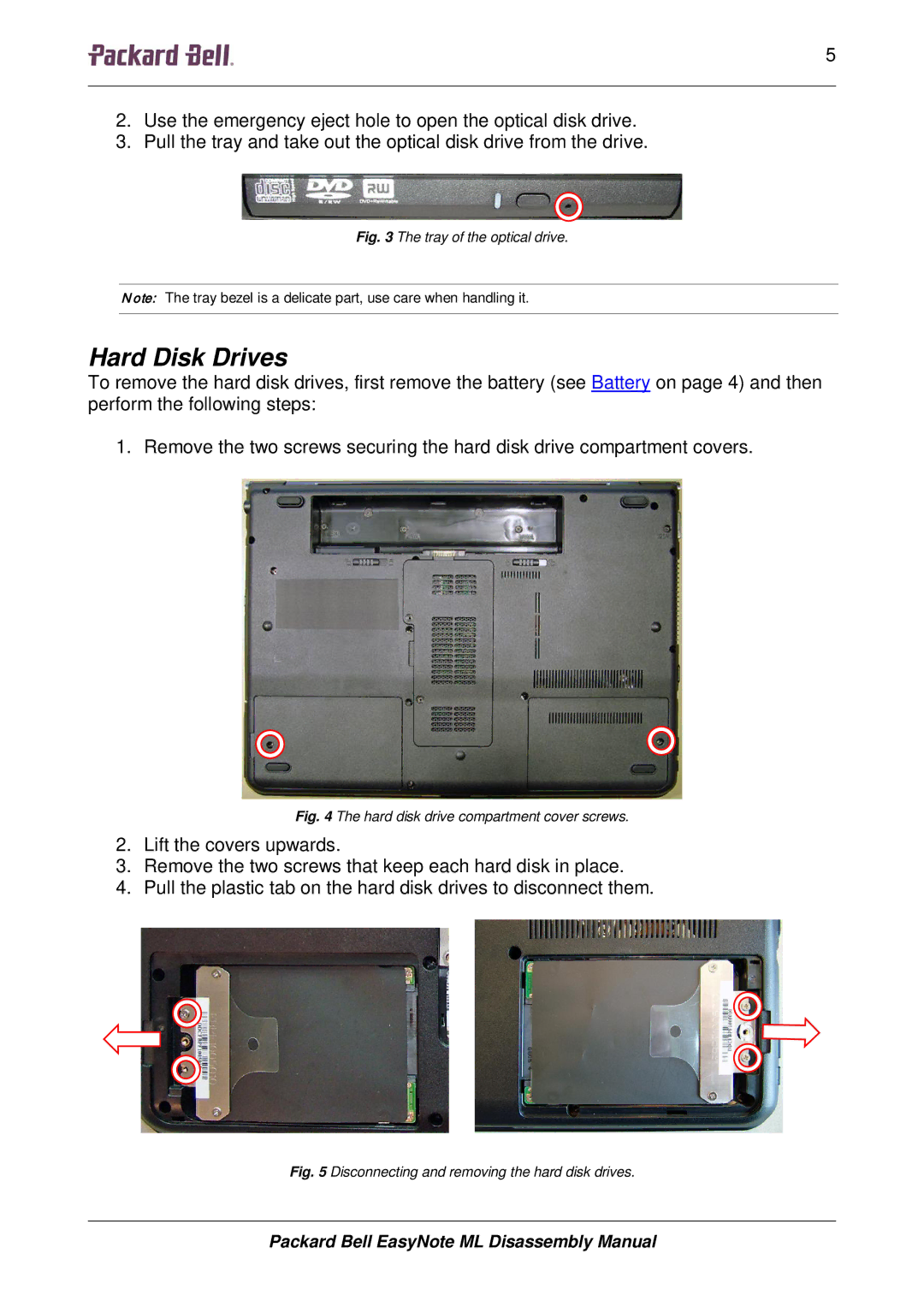 Packard Bell ML manual Hard Disk Drives, Tray of the optical drive 