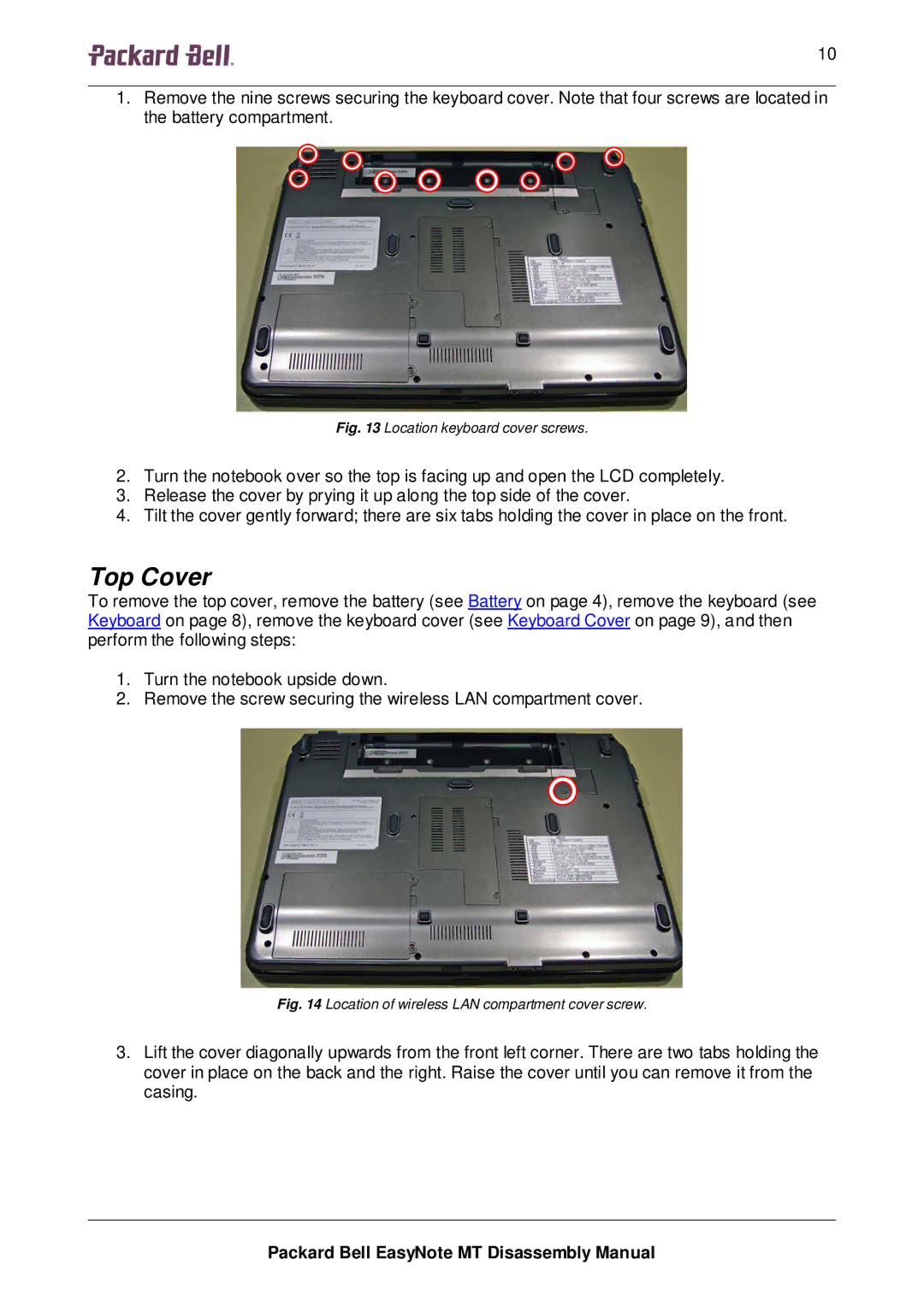 Packard Bell MT manual Top Cover, Location keyboard cover screws 