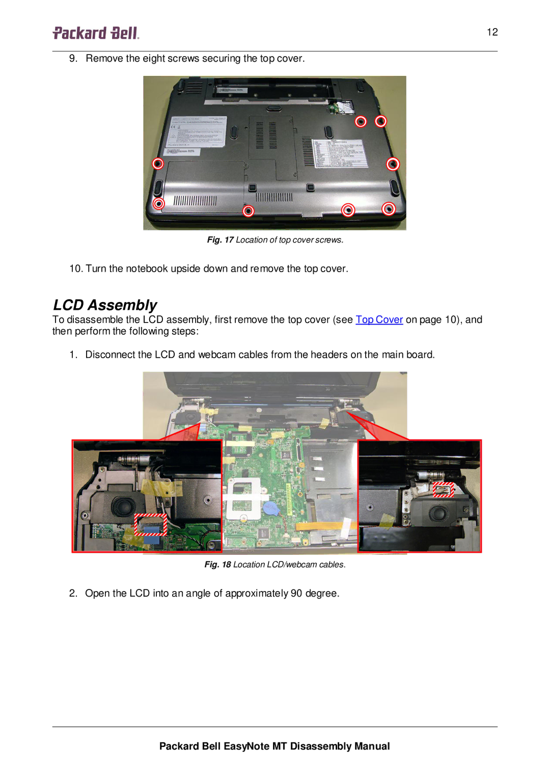 Packard Bell MT manual LCD Assembly, Location of top cover screws 