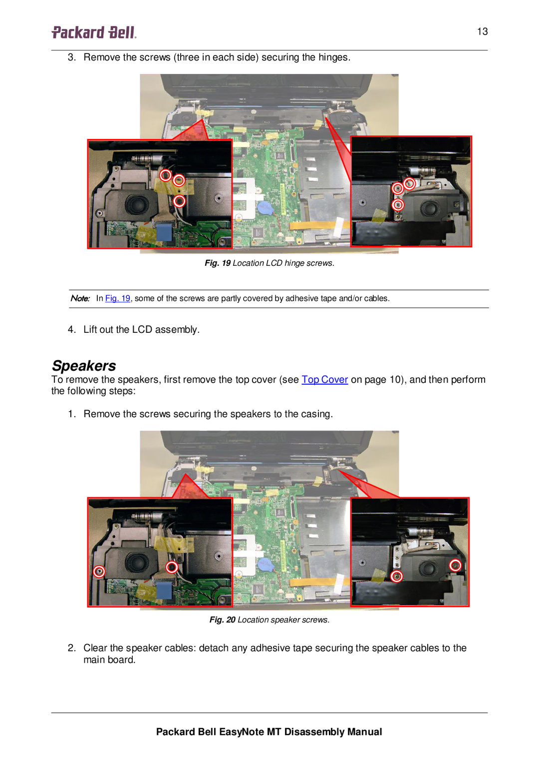 Packard Bell MT manual Speakers, Location LCD hinge screws 