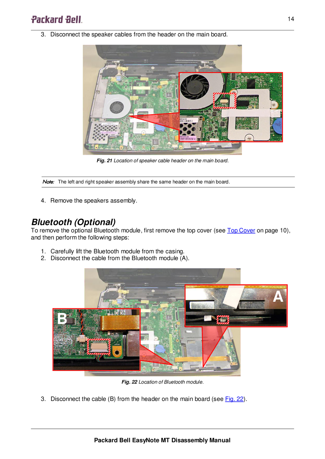 Packard Bell MT manual Bluetooth Optional, Location of speaker cable header on the main board 