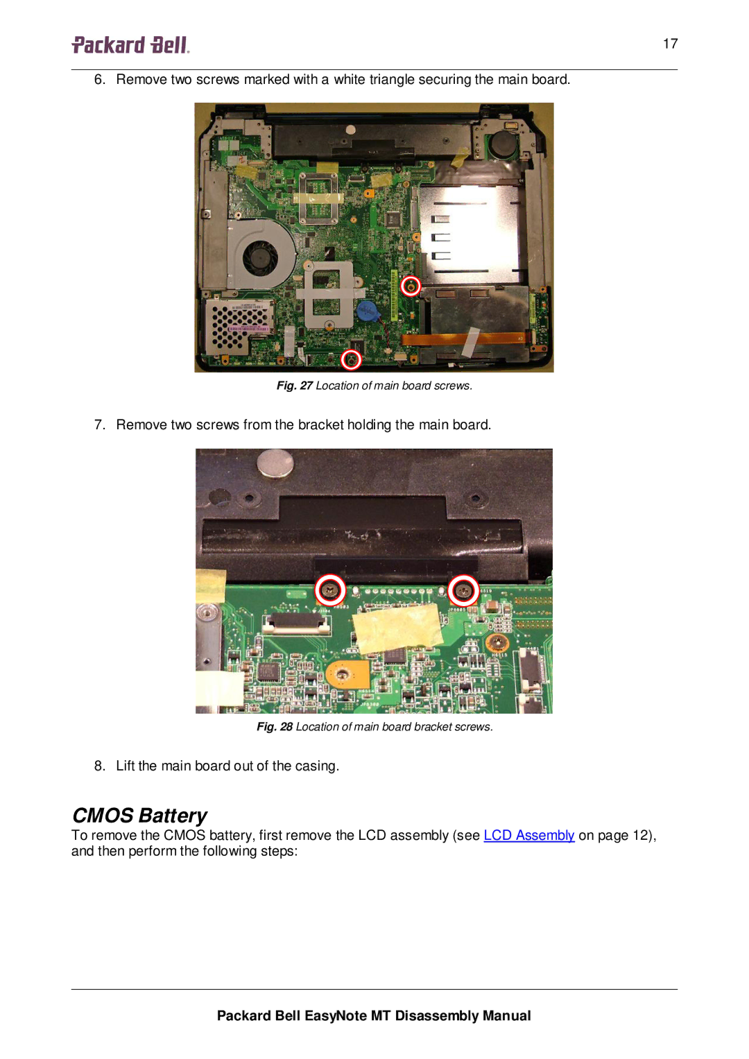 Packard Bell MT manual Cmos Battery, Location of main board screws 