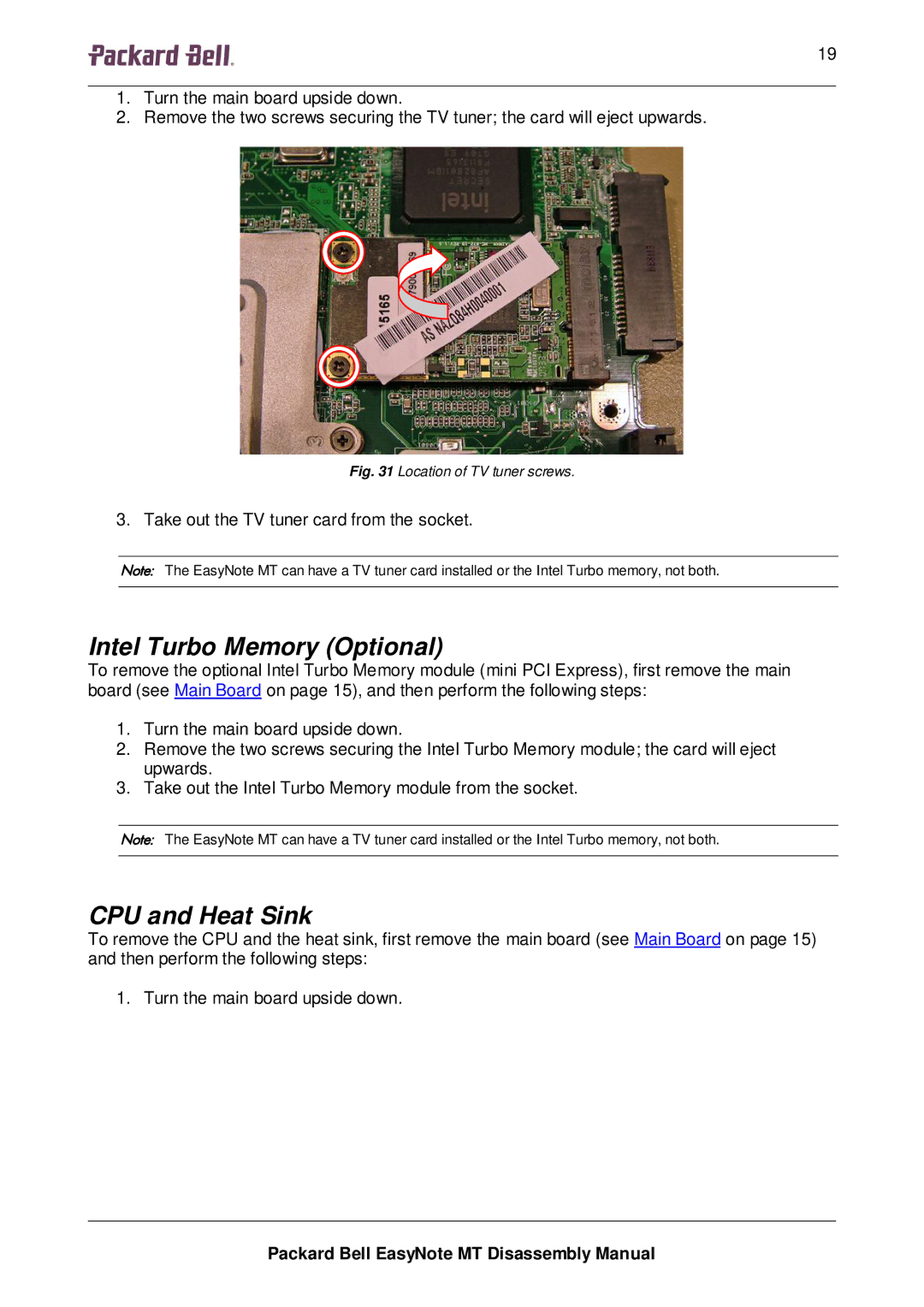 Packard Bell MT manual Intel Turbo Memory Optional, CPU and Heat Sink 