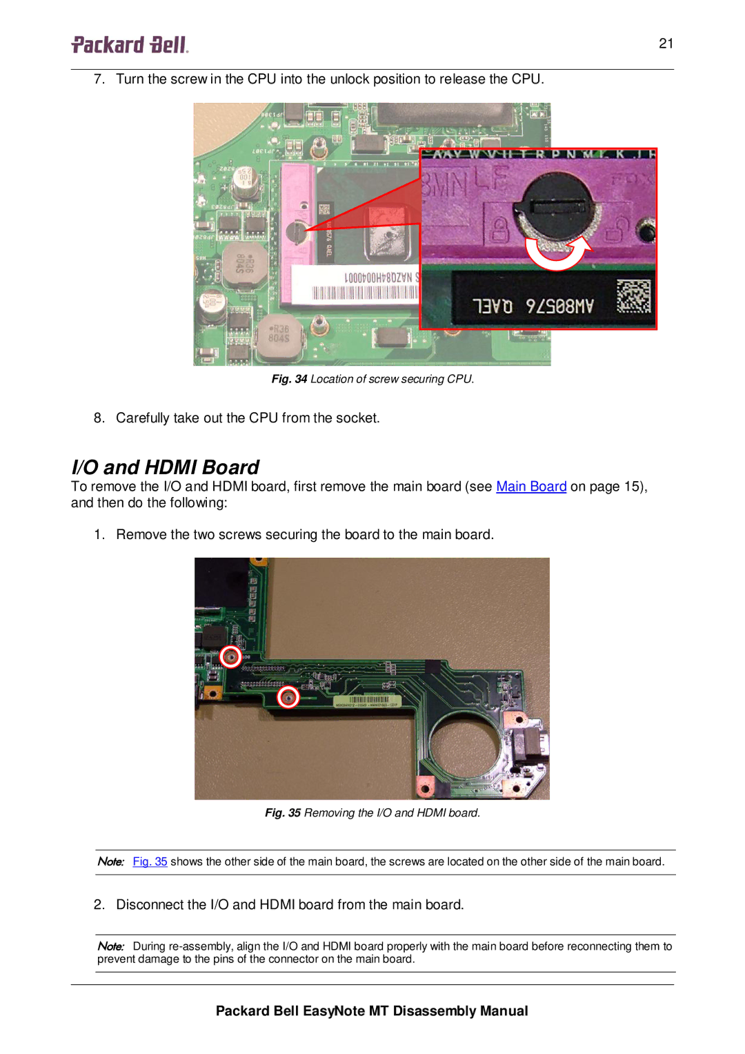 Packard Bell MT manual Hdmi Board, Location of screw securing CPU 