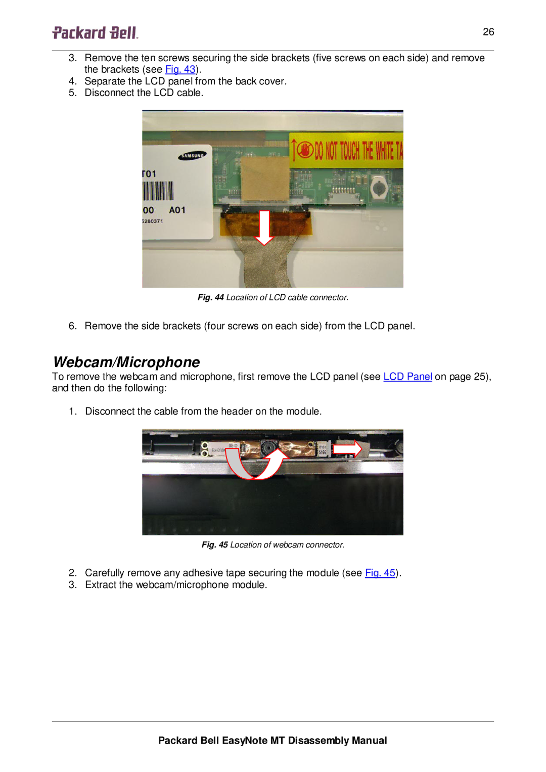 Packard Bell MT manual Webcam/Microphone, Location of LCD cable connector 