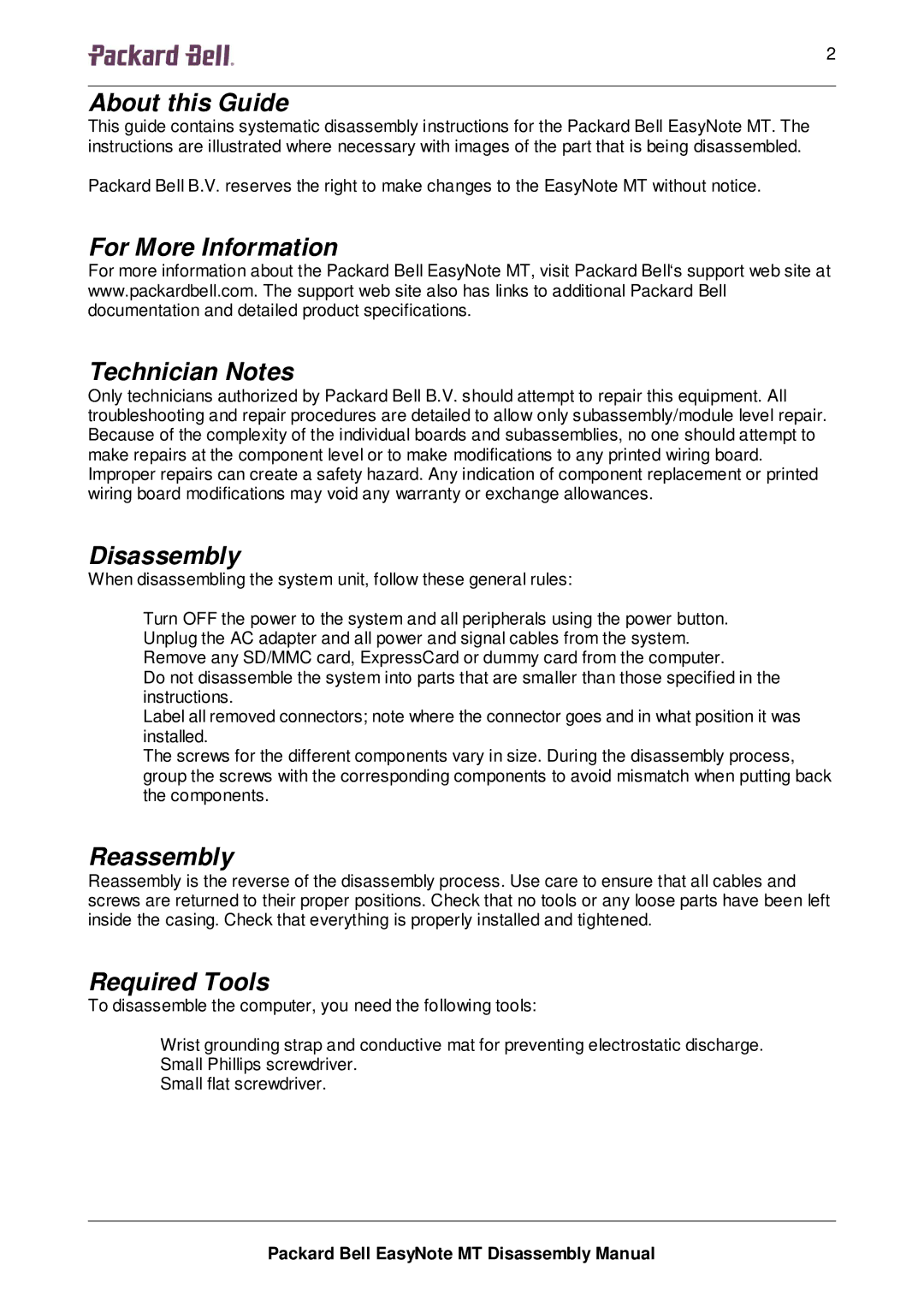 Packard Bell MT manual About this Guide, For More Information Technician Notes, Disassembly, Reassembly, Required Tools 