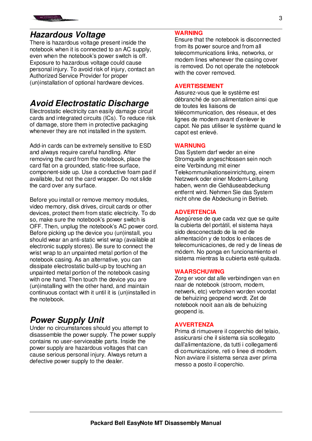 Packard Bell MT manual Hazardous Voltage, Avoid Electrostatic Discharge, Power Supply Unit 