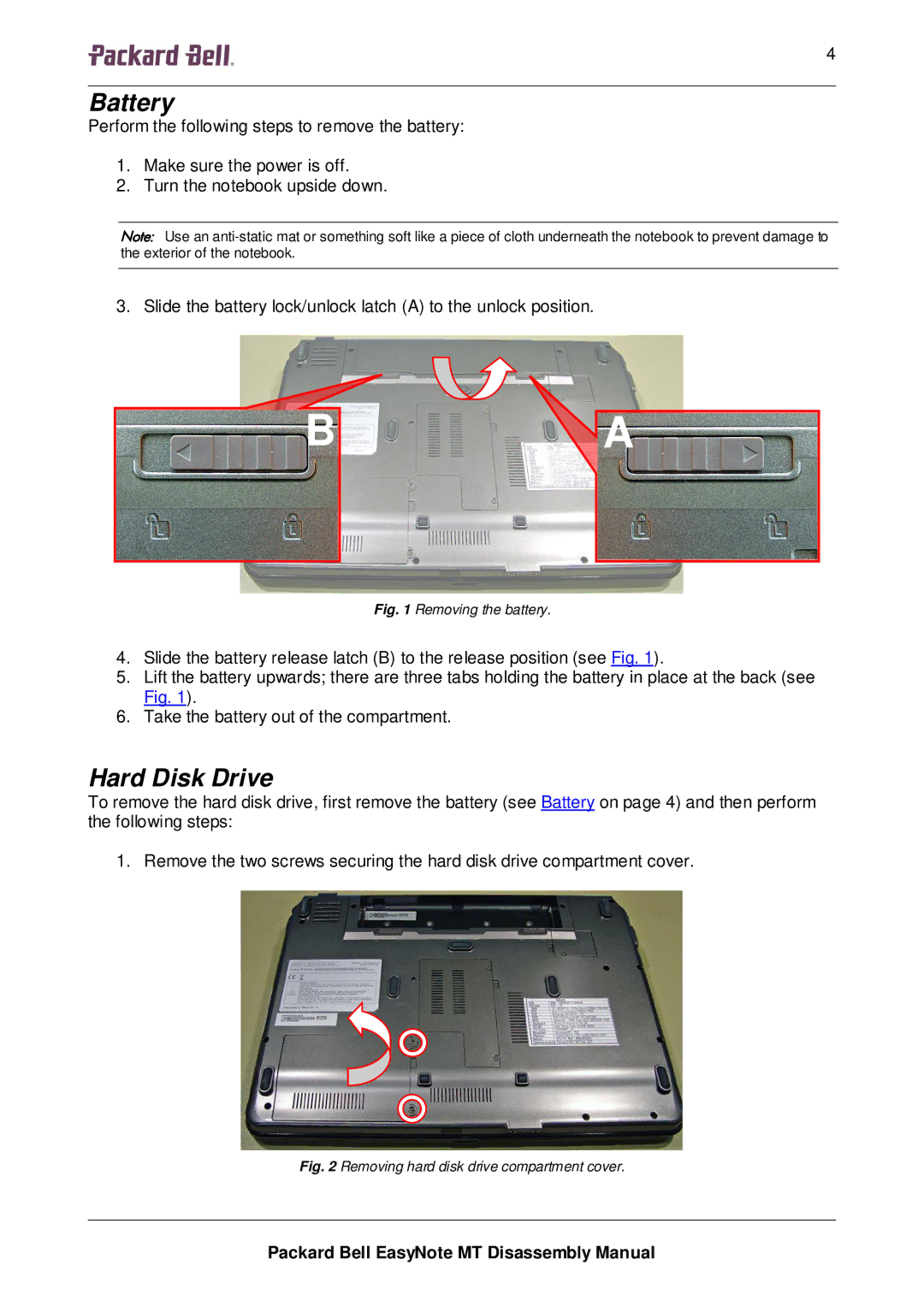 Packard Bell MT manual Battery, Hard Disk Drive 