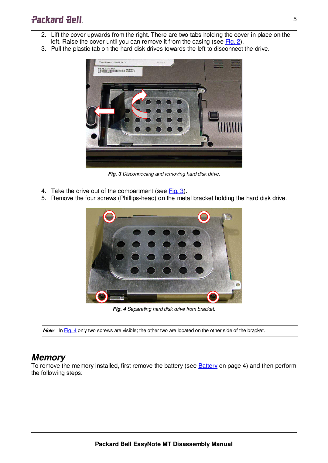 Packard Bell MT manual Memory, Disconnecting and removing hard disk drive 