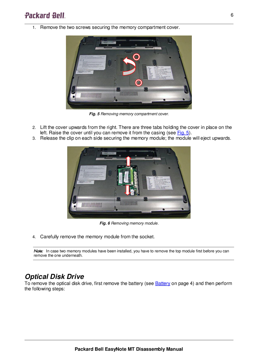 Packard Bell MT manual Optical Disk Drive, Removing memory compartment cover 