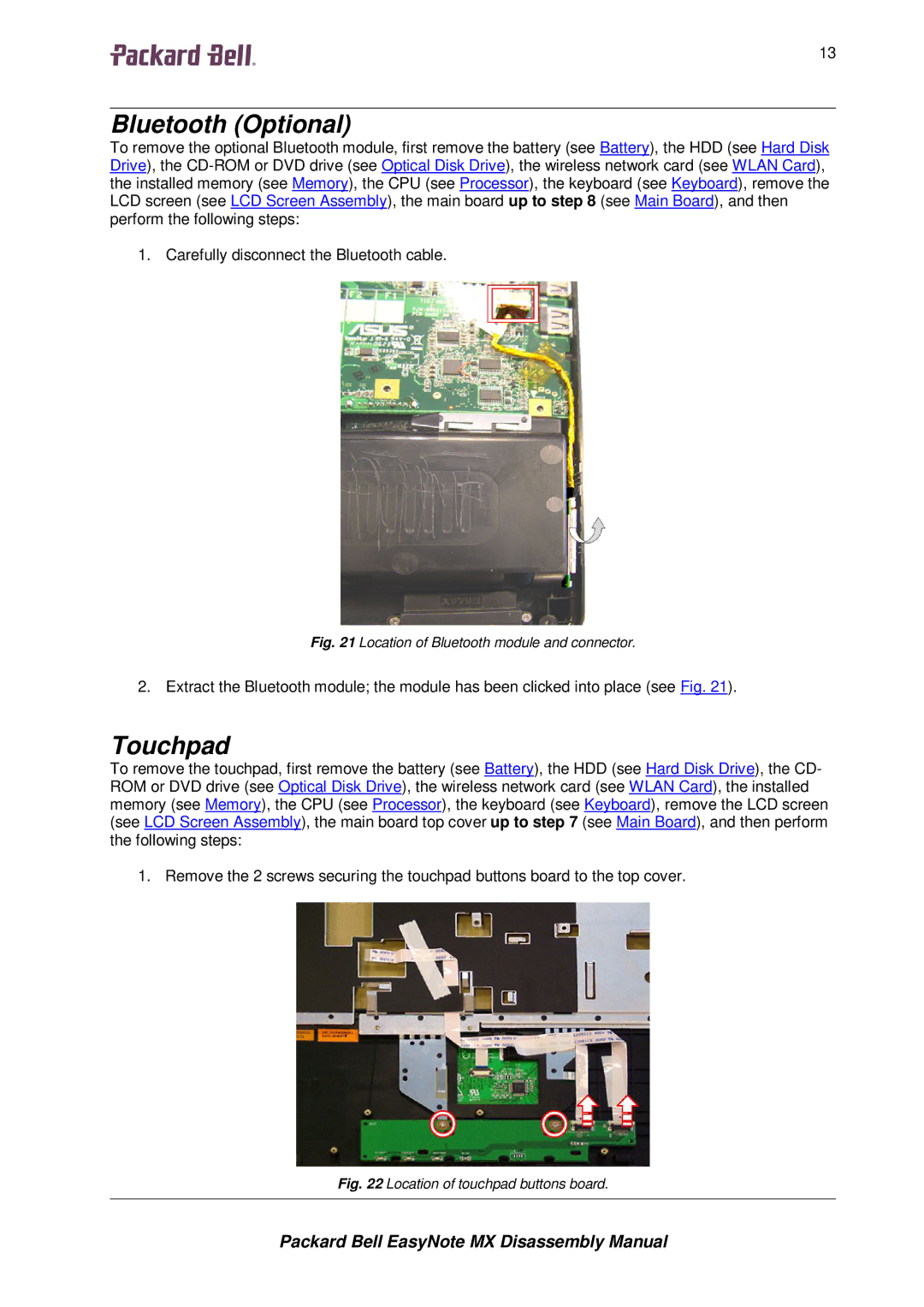 Packard Bell MX manual Bluetooth Optional, Touchpad, 1313131313 