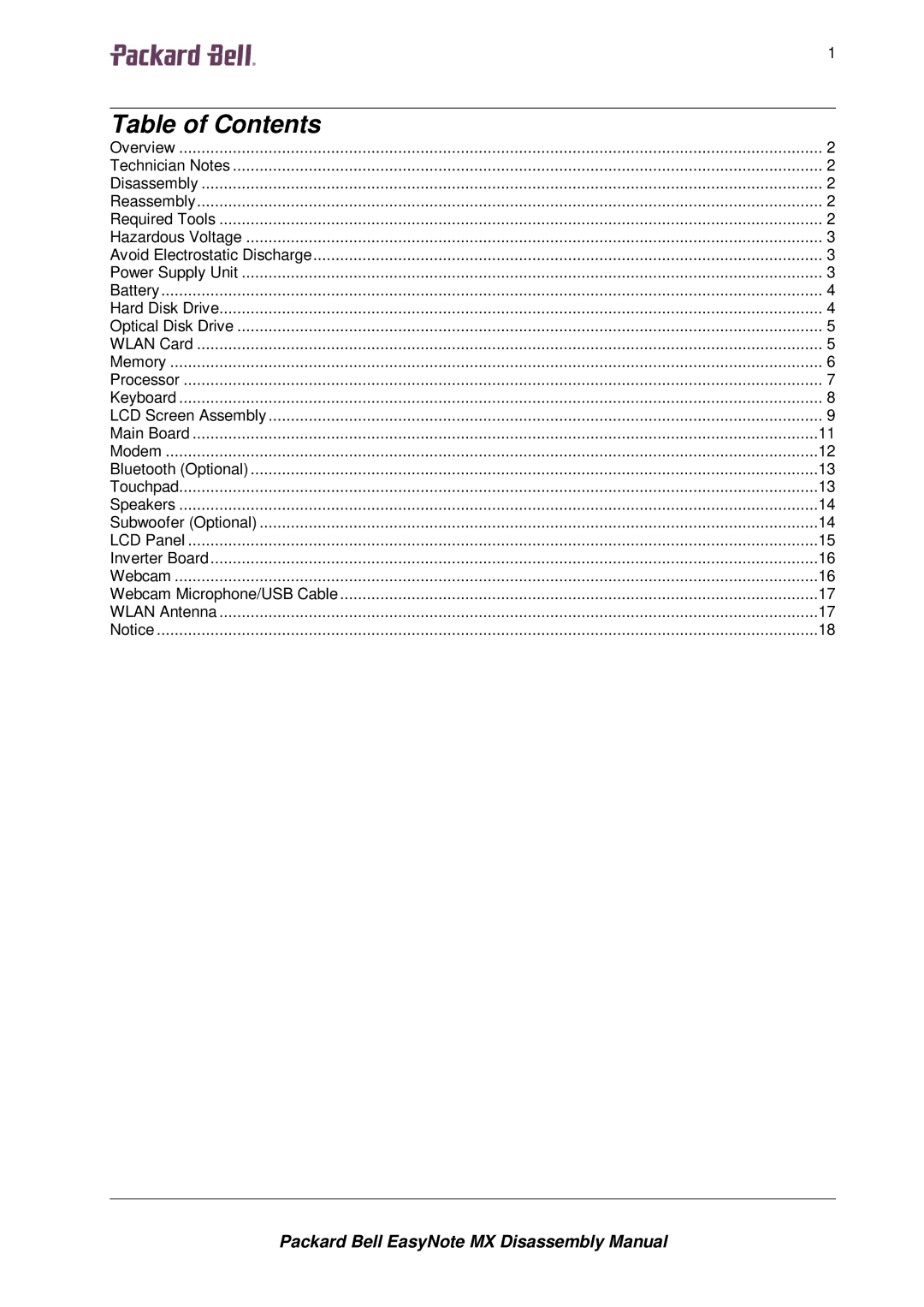 Packard Bell MX manual Table of Contents 