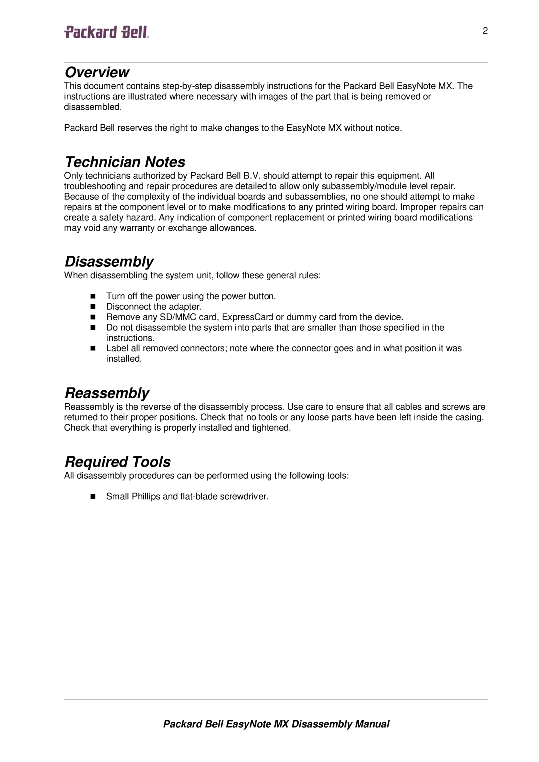 Packard Bell MX manual Overview, Technician Notes, Disassembly, Reassembly, Required Tools 