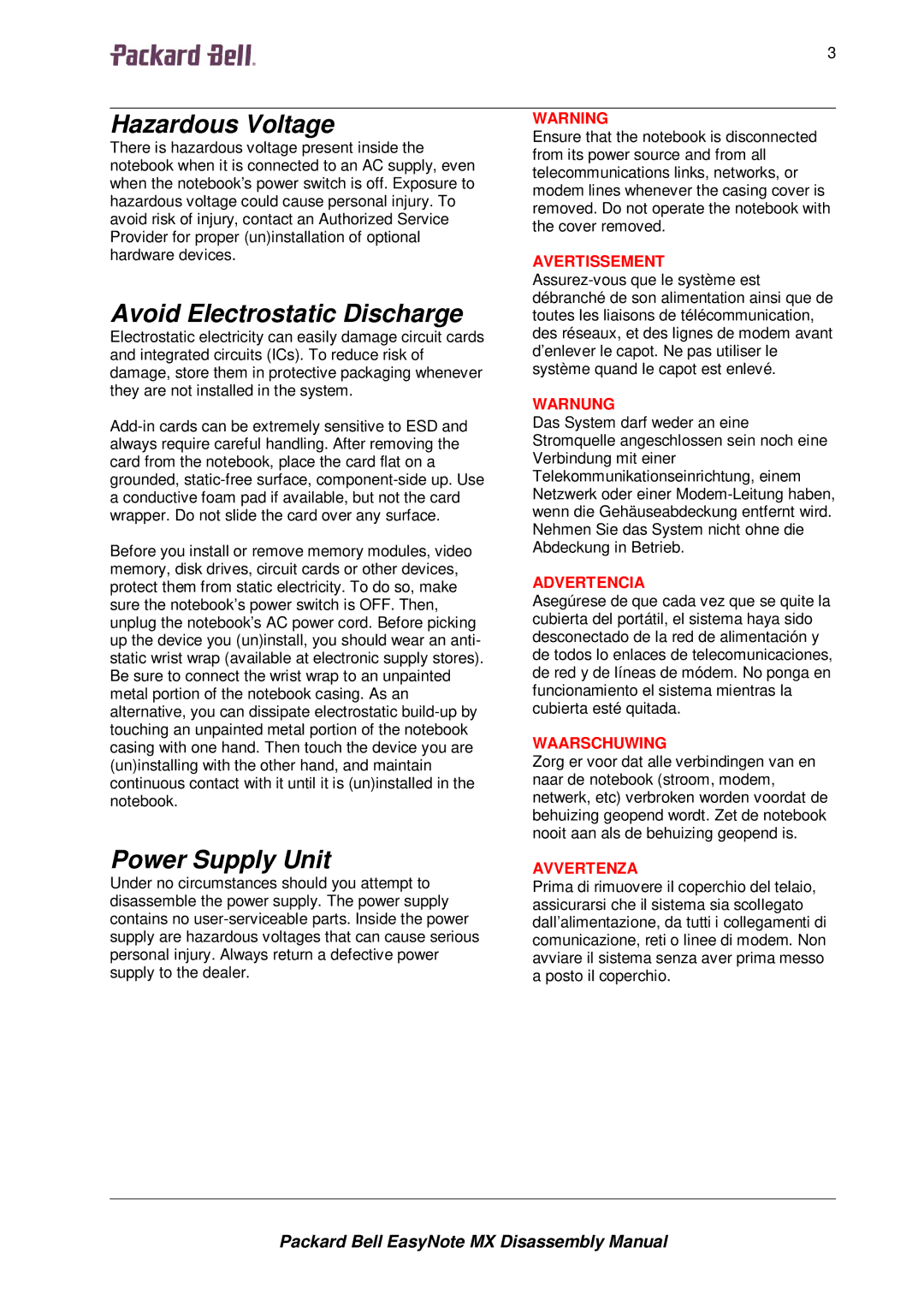 Packard Bell MX manual Hazardous Voltage, Avoid Electrostatic Discharge, Power Supply Unit 