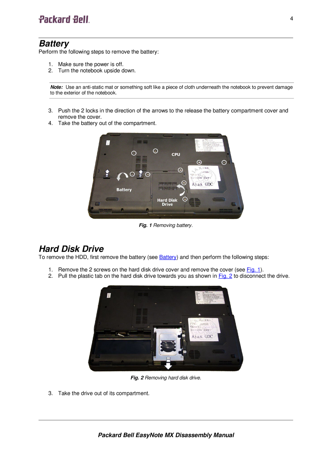 Packard Bell MX manual Battery, Hard Disk Drive, 44444 