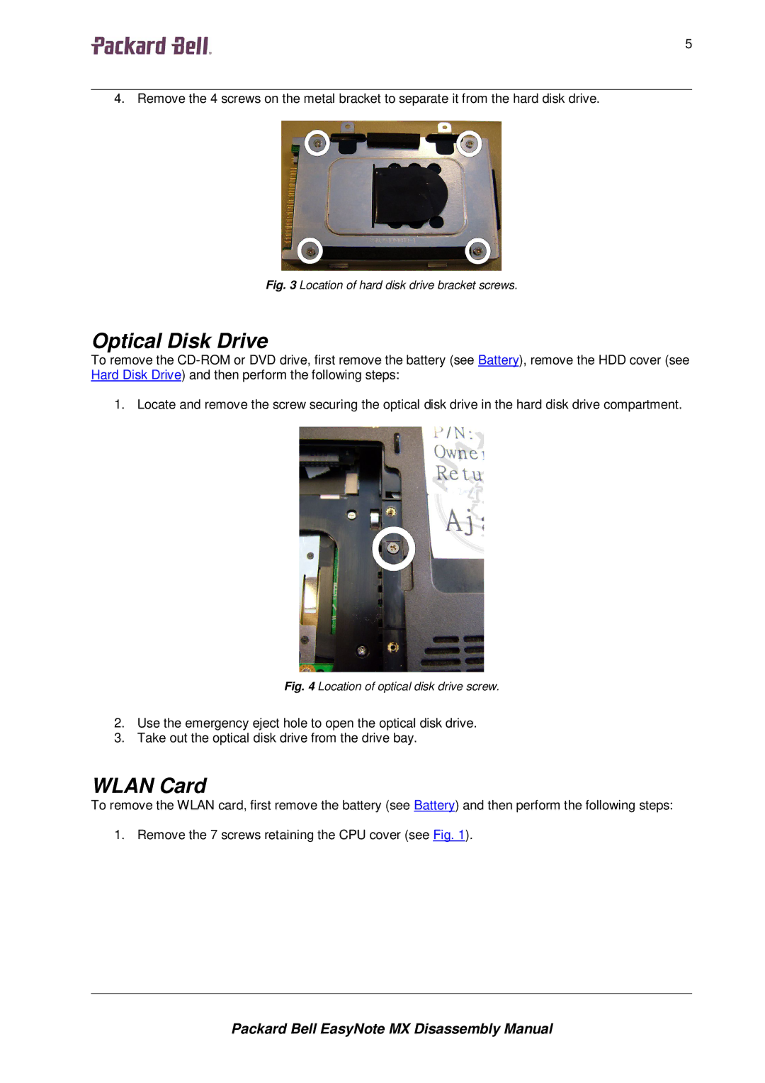 Packard Bell MX manual Optical Disk Drive, Wlan Card, 55555 