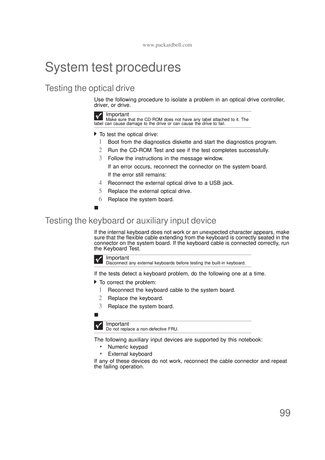 Packard Bell NS1 1HR System test procedures, Testing the optical drive, Testing the keyboard or auxiliary input device 