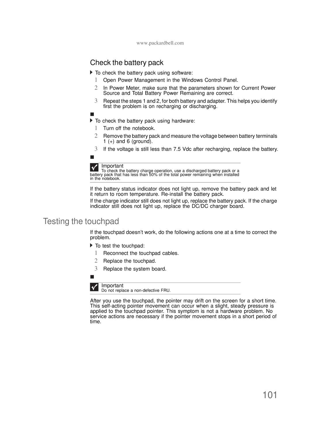 Packard Bell NS1 1HR manual Testing the touchpad, Check the battery pack 