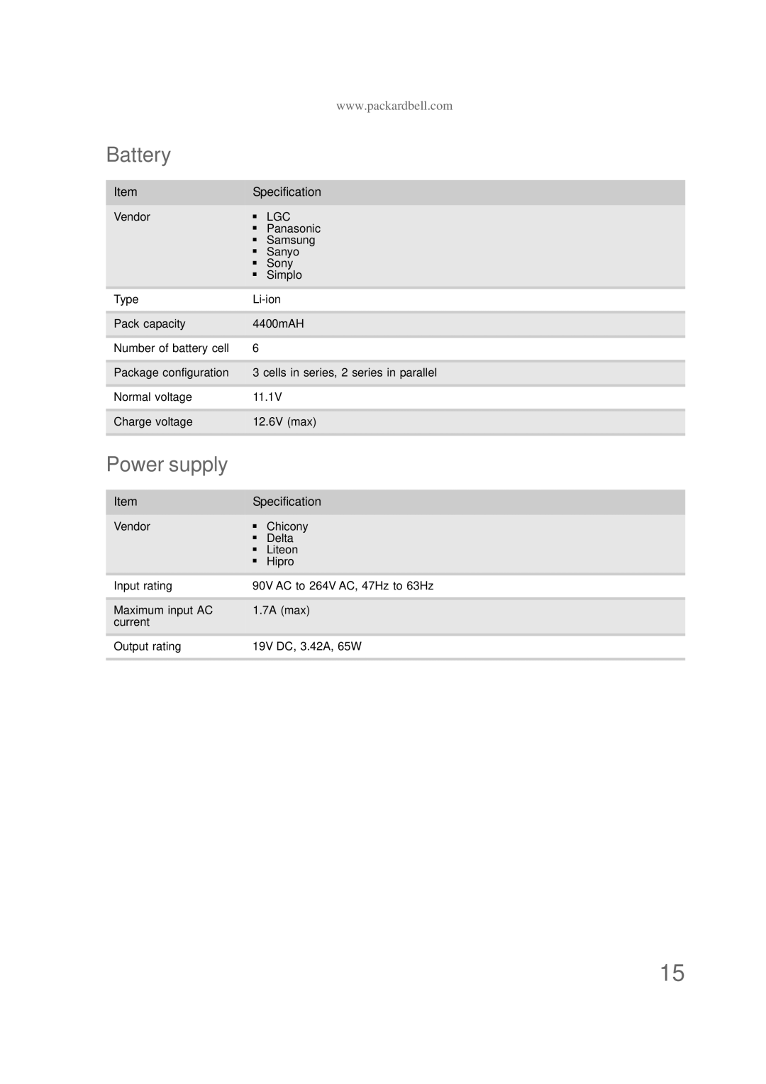 Packard Bell NS1 1HR manual Battery, Power supply 