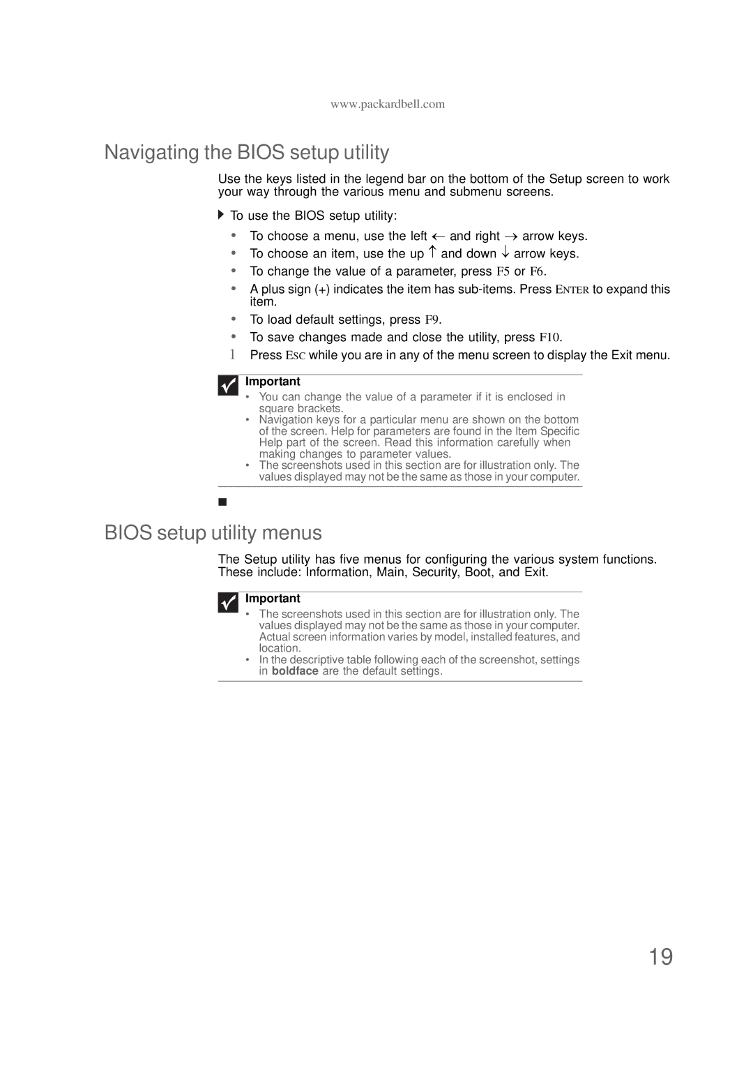 Packard Bell NS1 1HR manual Navigating the Bios setup utility, Bios setup utility menus 