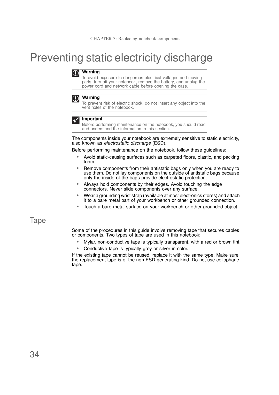 Packard Bell NS1 1HR manual Preventing static electricity discharge, Tape 