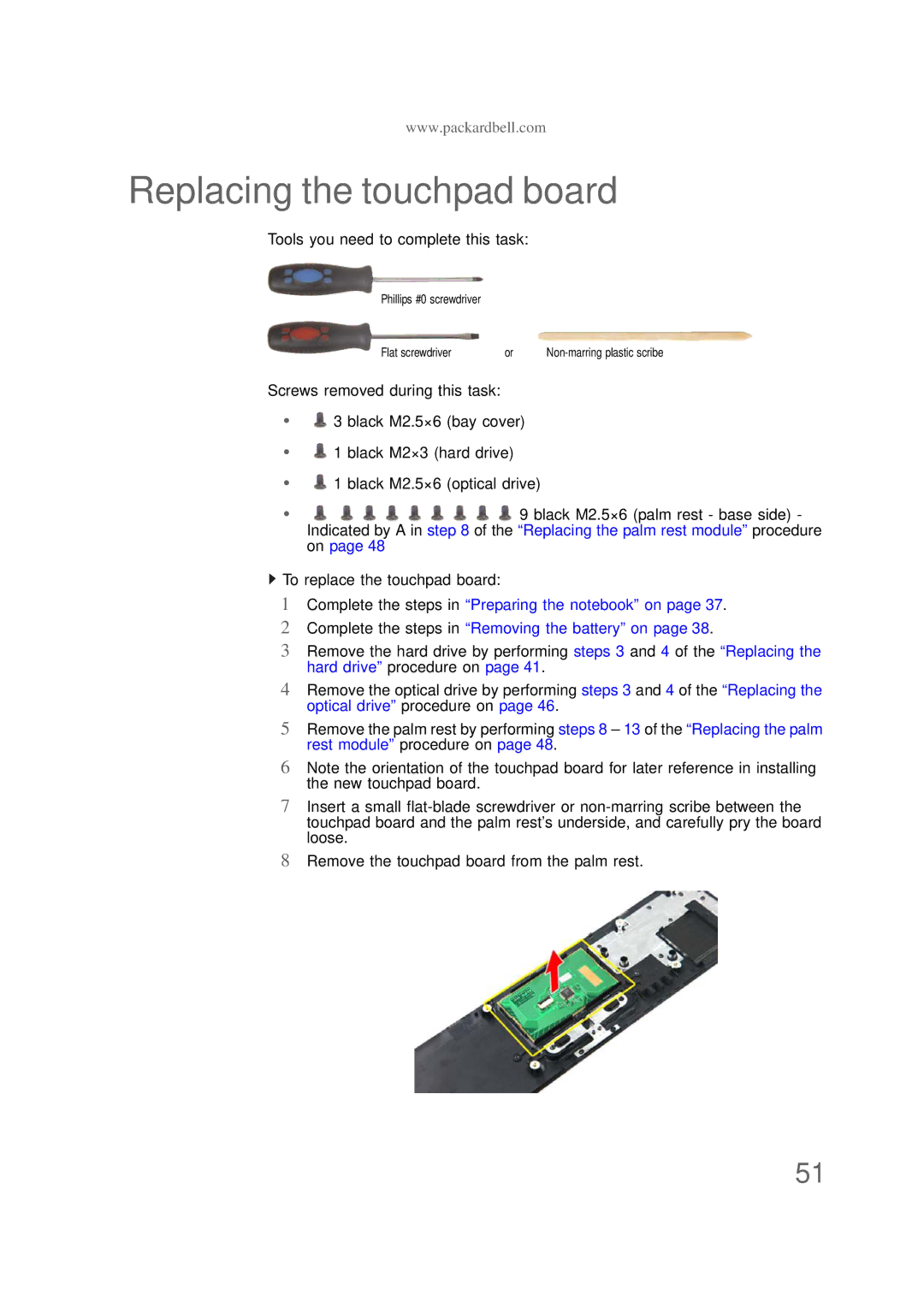 Packard Bell NS1 1HR manual Replacing the touchpad board 