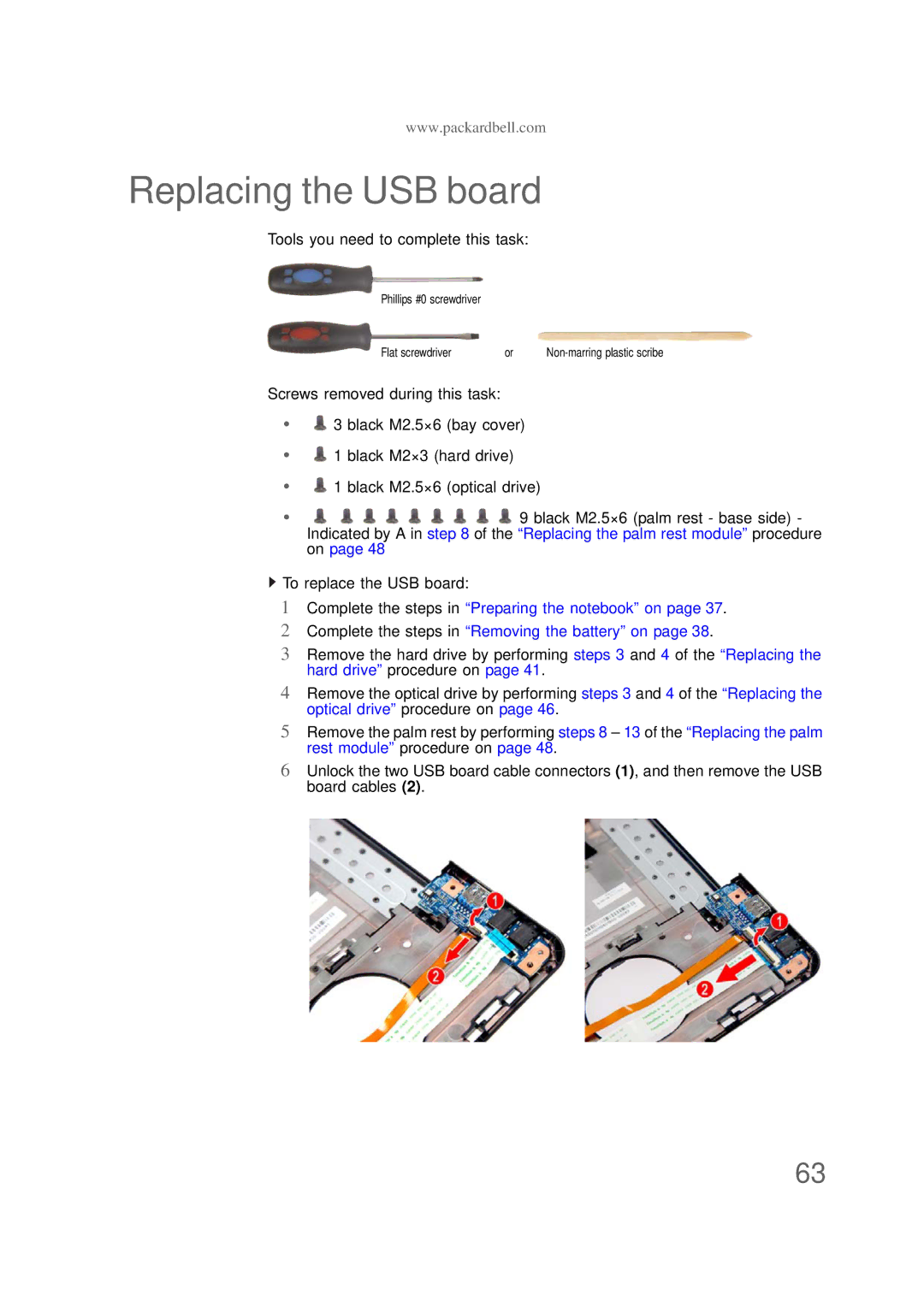 Packard Bell NS1 1HR manual Replacing the USB board 