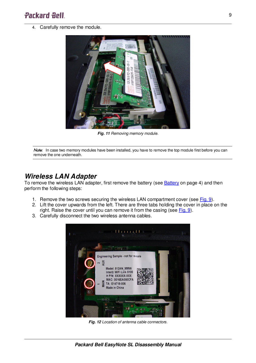 Packard Bell SL manual Wireless LAN Adapter, Location of antenna cable connectors 