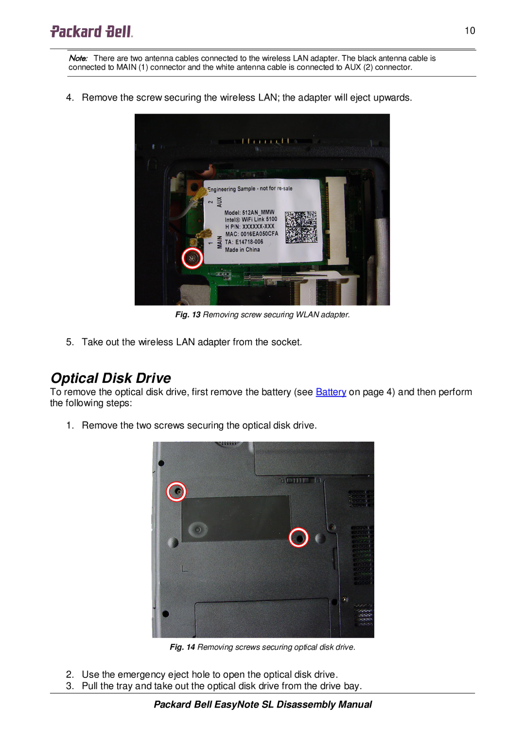 Packard Bell SL manual Optical Disk Drive, Removing screw securing Wlan adapter 