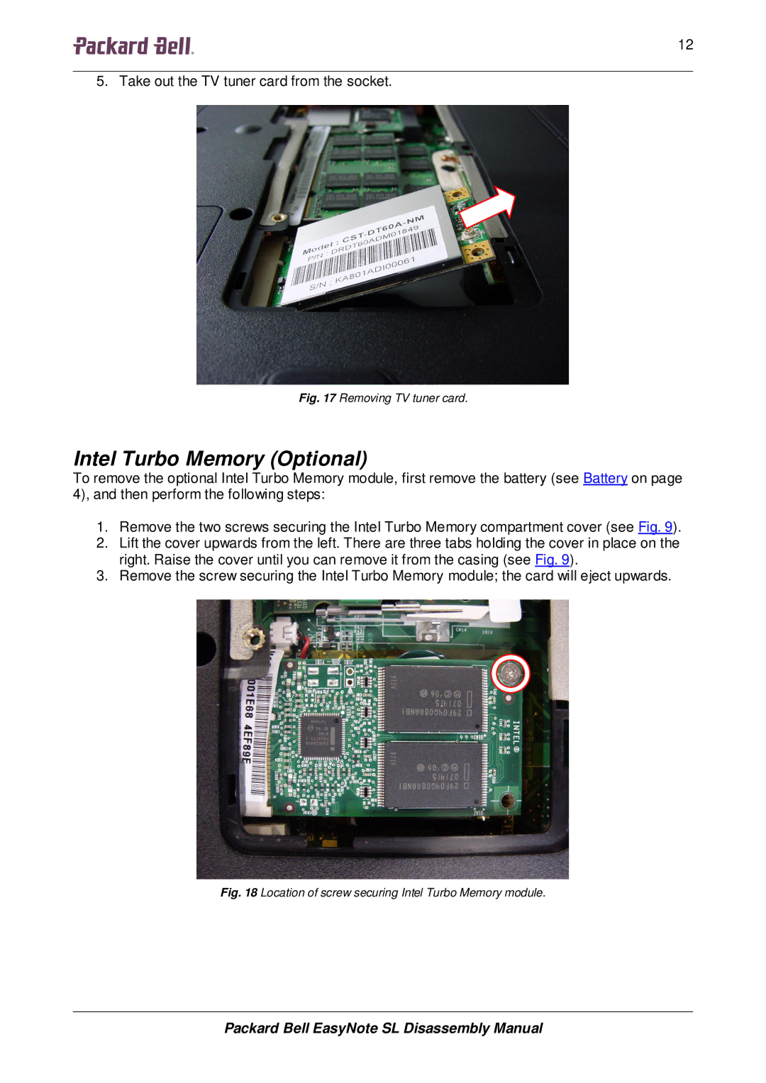 Packard Bell SL manual Intel Turbo Memory Optional, Removing TV tuner card 