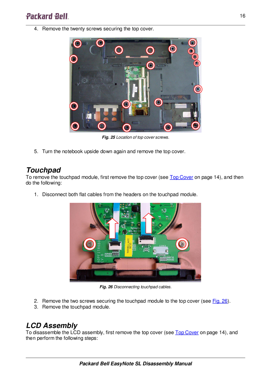 Packard Bell SL manual Touchpad, LCD Assembly 