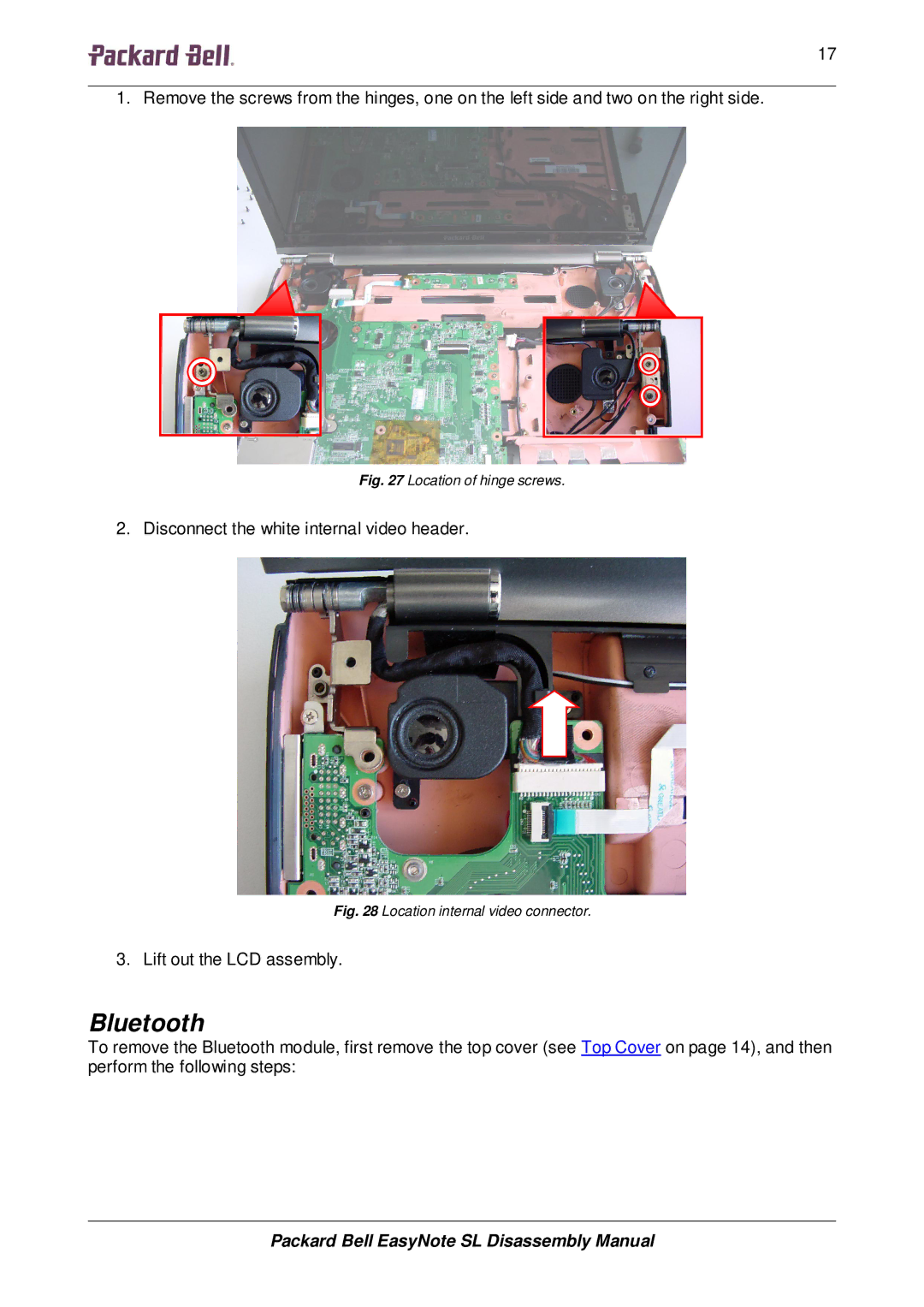 Packard Bell SL manual Bluetooth, Location of hinge screws 