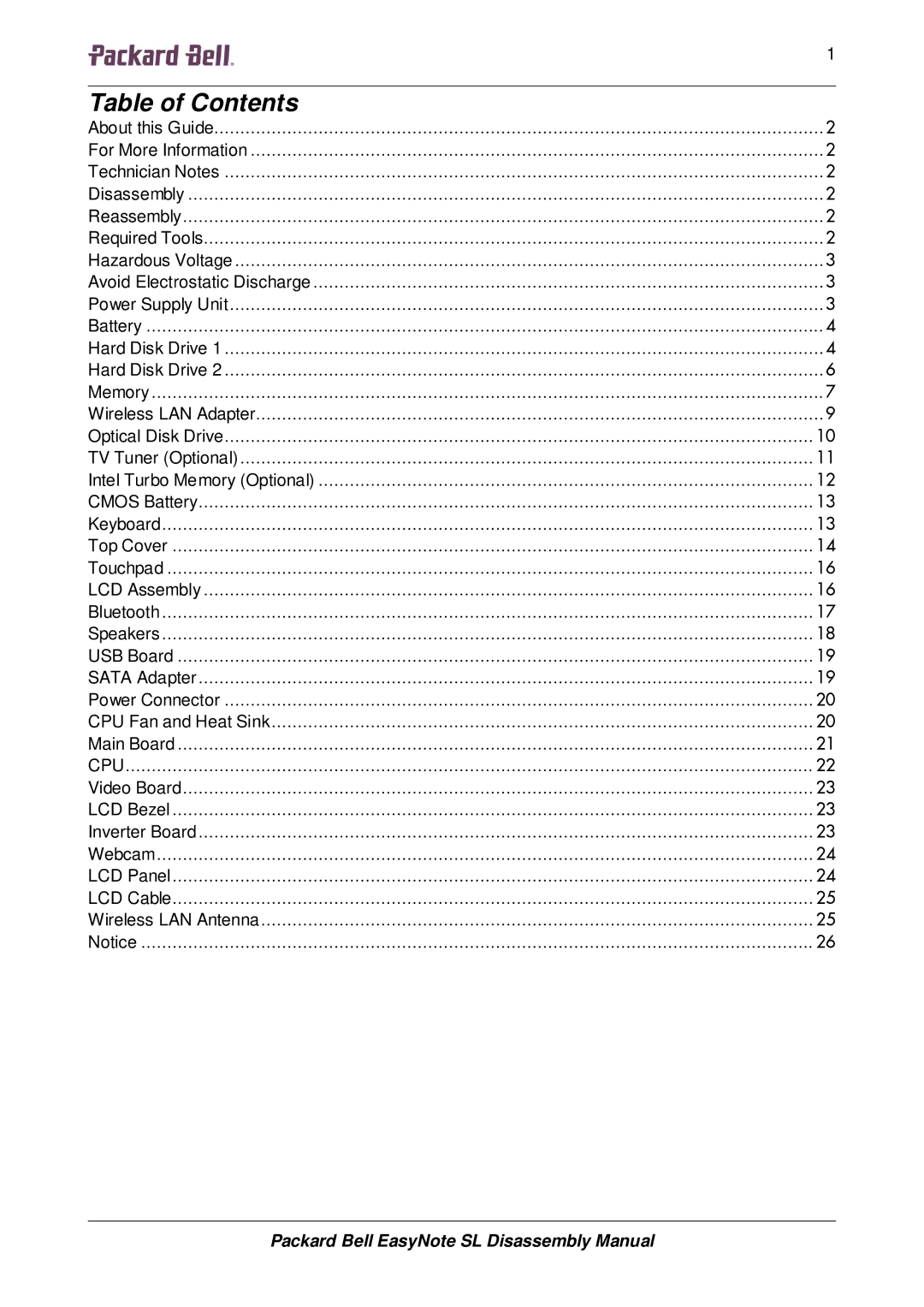 Packard Bell SL manual Table of Contents 