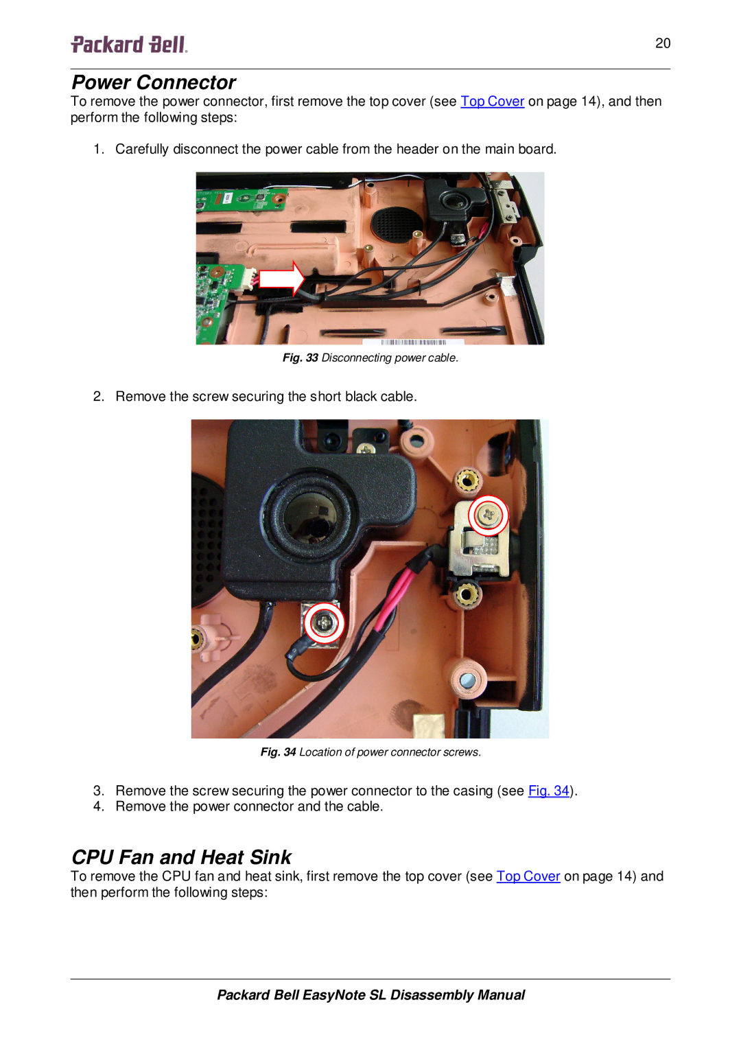 Packard Bell SL manual Power Connector, CPU Fan and Heat Sink 