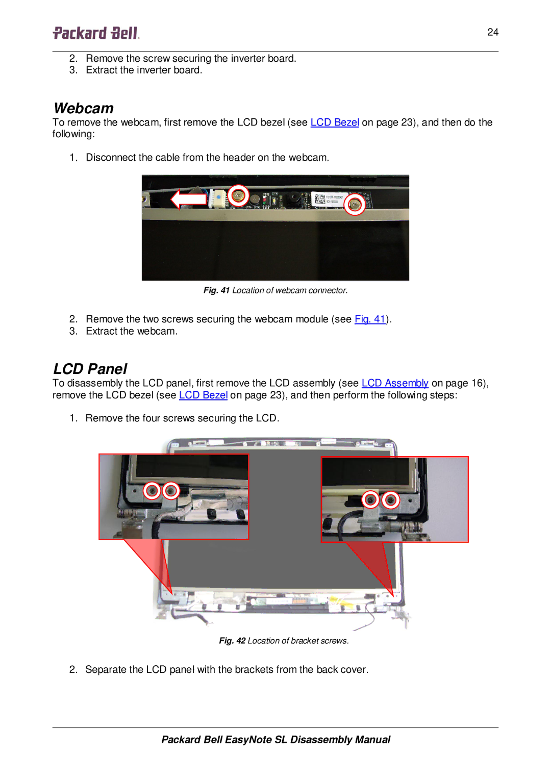 Packard Bell SL manual Webcam, LCD Panel 