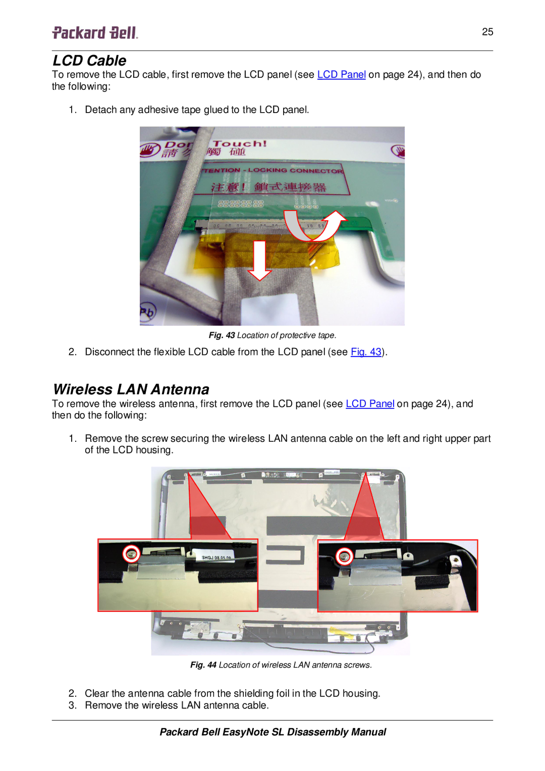 Packard Bell SL manual LCD Cable, Wireless LAN Antenna 